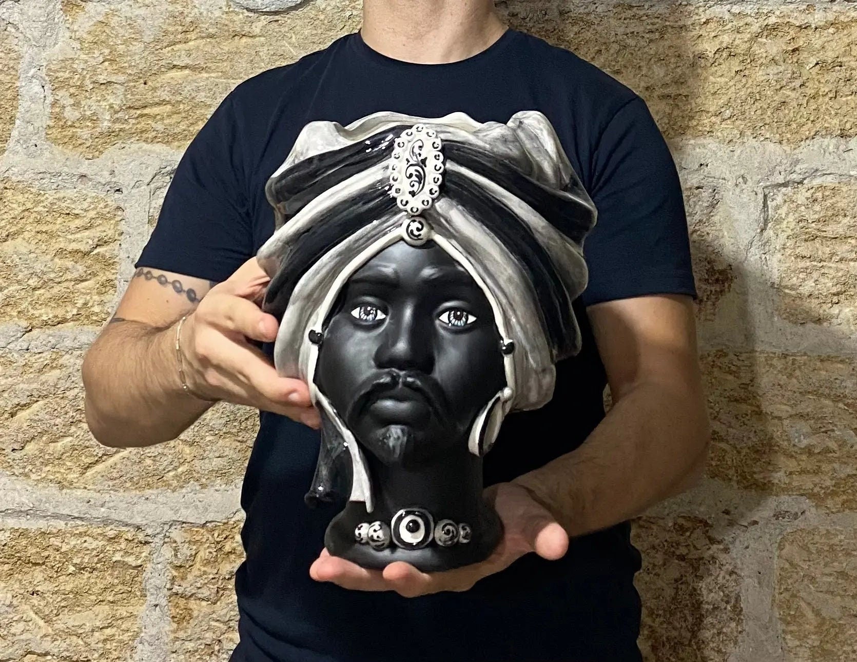 Teste di Moro Atena Ceramica Caltagirone cm H.30 L.23 Artigianale Grigio Nero DD CERAMICHE SICILIANE