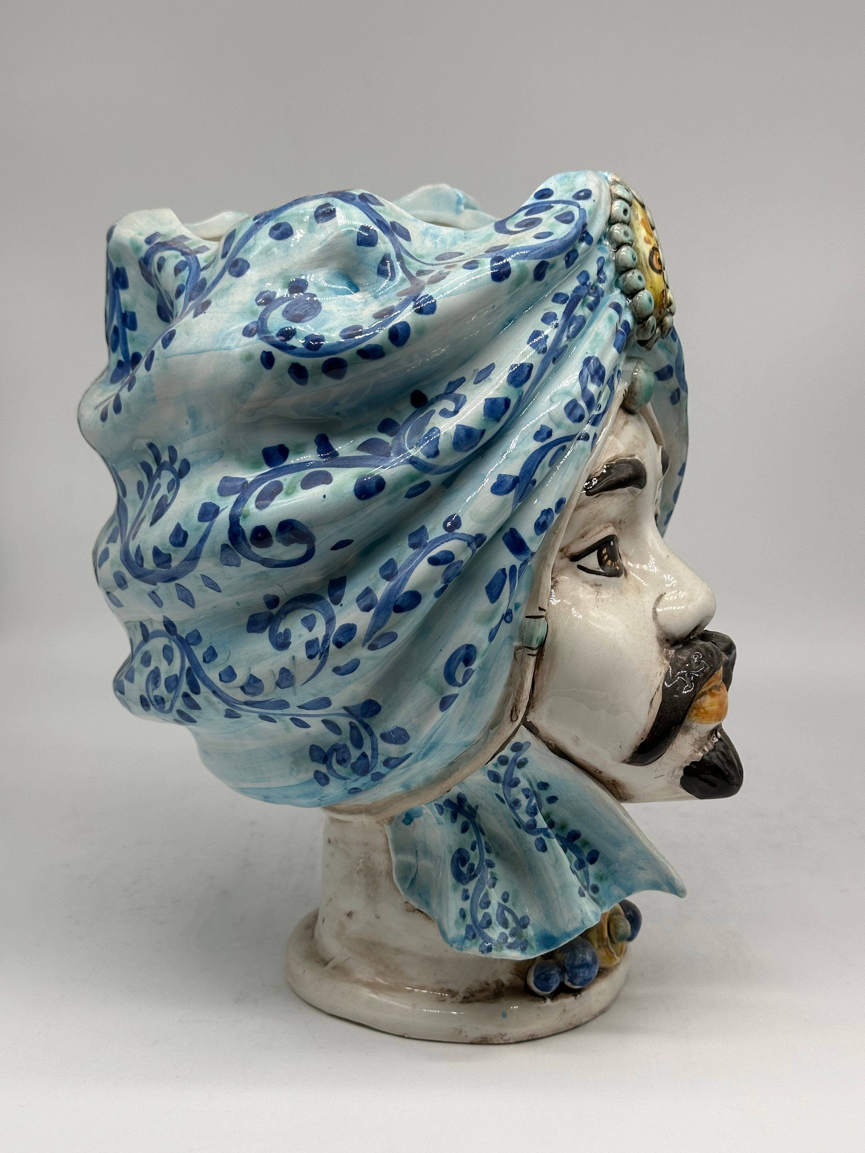 Teste di Moro Atena Ceramica Caltagirone cm H.30 L.23 Artigianale Celeste Barocco - TESTA DI MORO