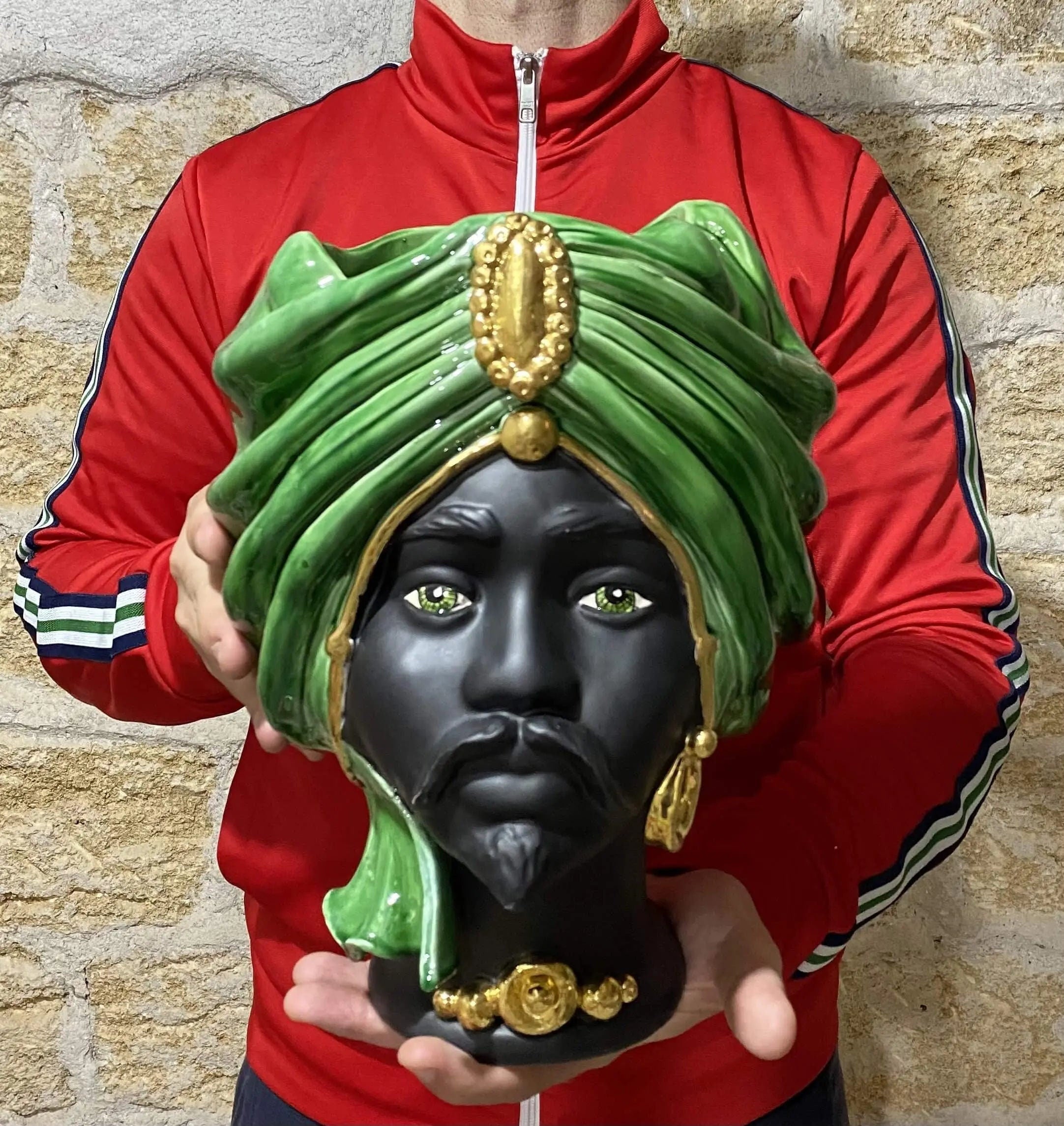 Teste di Moro Atena Ceramica Caltagirone cm H.30 L.23 Artigianale Verde Cristallo Nero Oro DD CERAMICHE SICILIANE