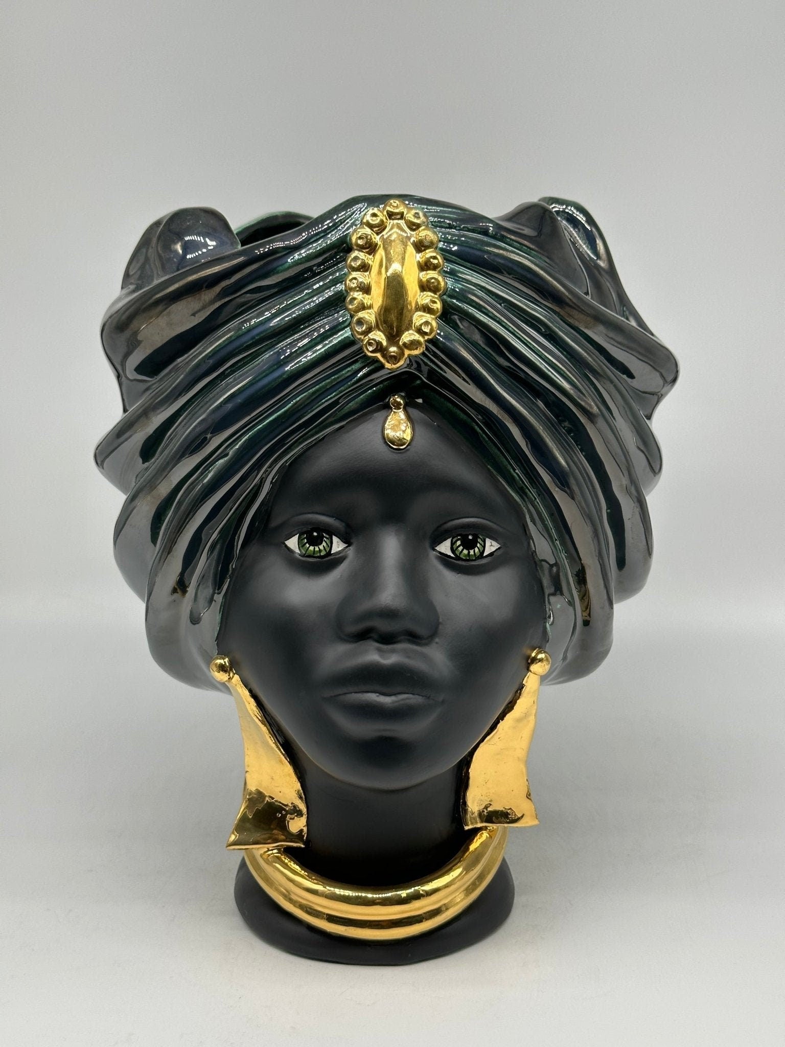 Teste di Moro Atena Ceramica Caltagirone cm H.30 L.23 Artigianale Verde Rame Nero Oro - DD CERAMICHE SICILIANE