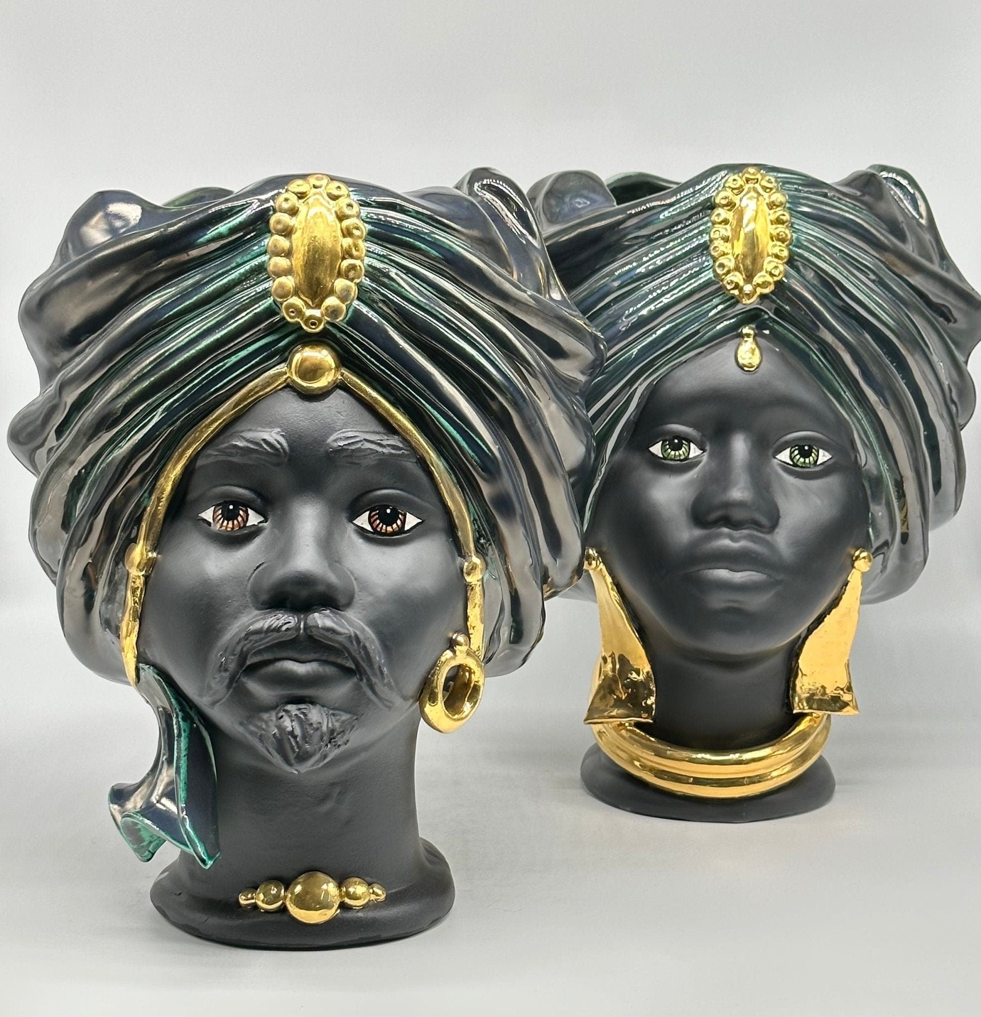 Teste di Moro Atena Ceramica Caltagirone cm H.30 L.23 Artigianale Verde Rame Nero Oro - DD CERAMICHE SICILIANE
