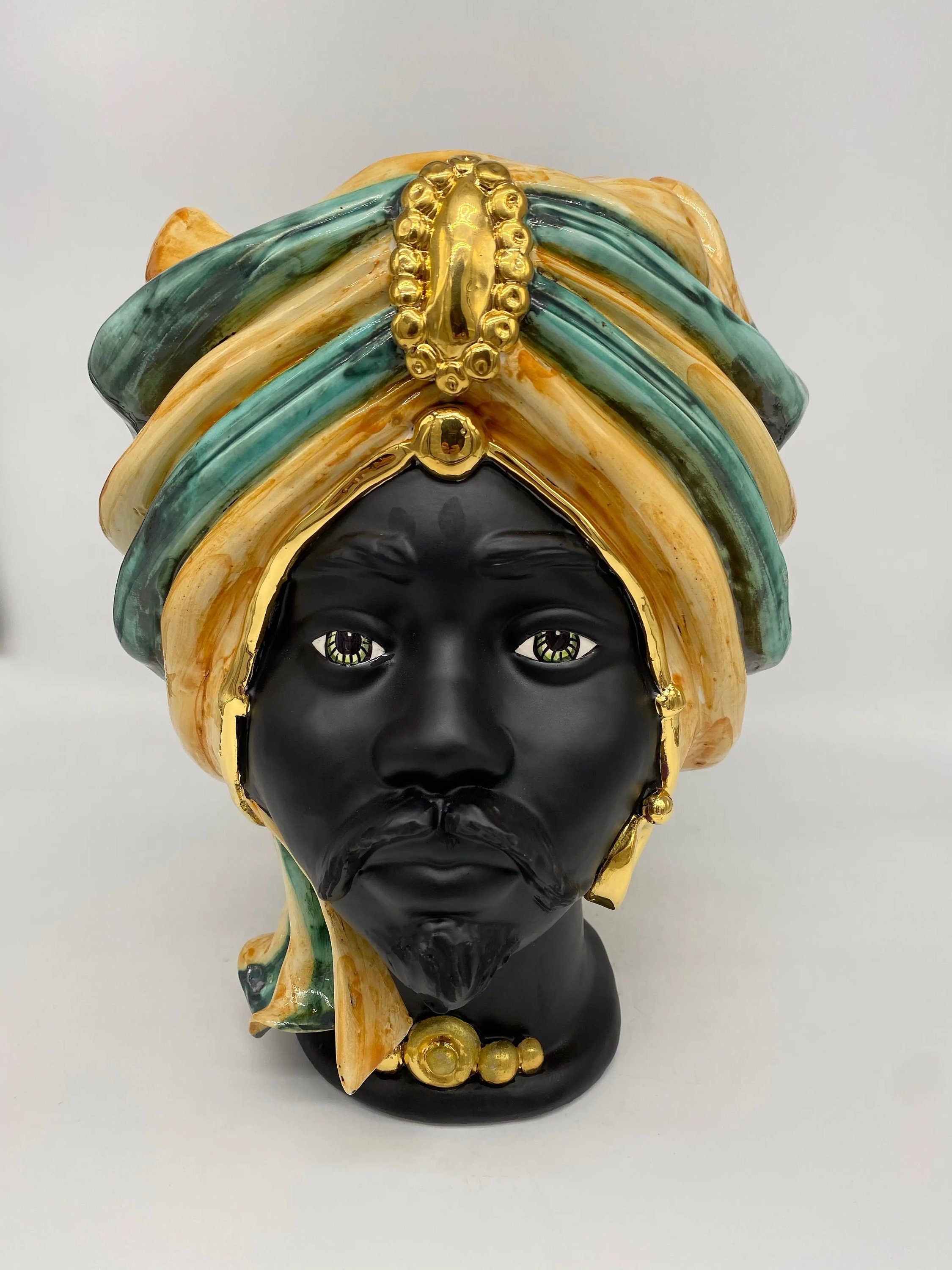Teste di Moro Atena Ceramica Caltagirone cm H.30 L.23 Artigianale Ocra Verde Nero Oro DD CERAMICHE SICILIANE