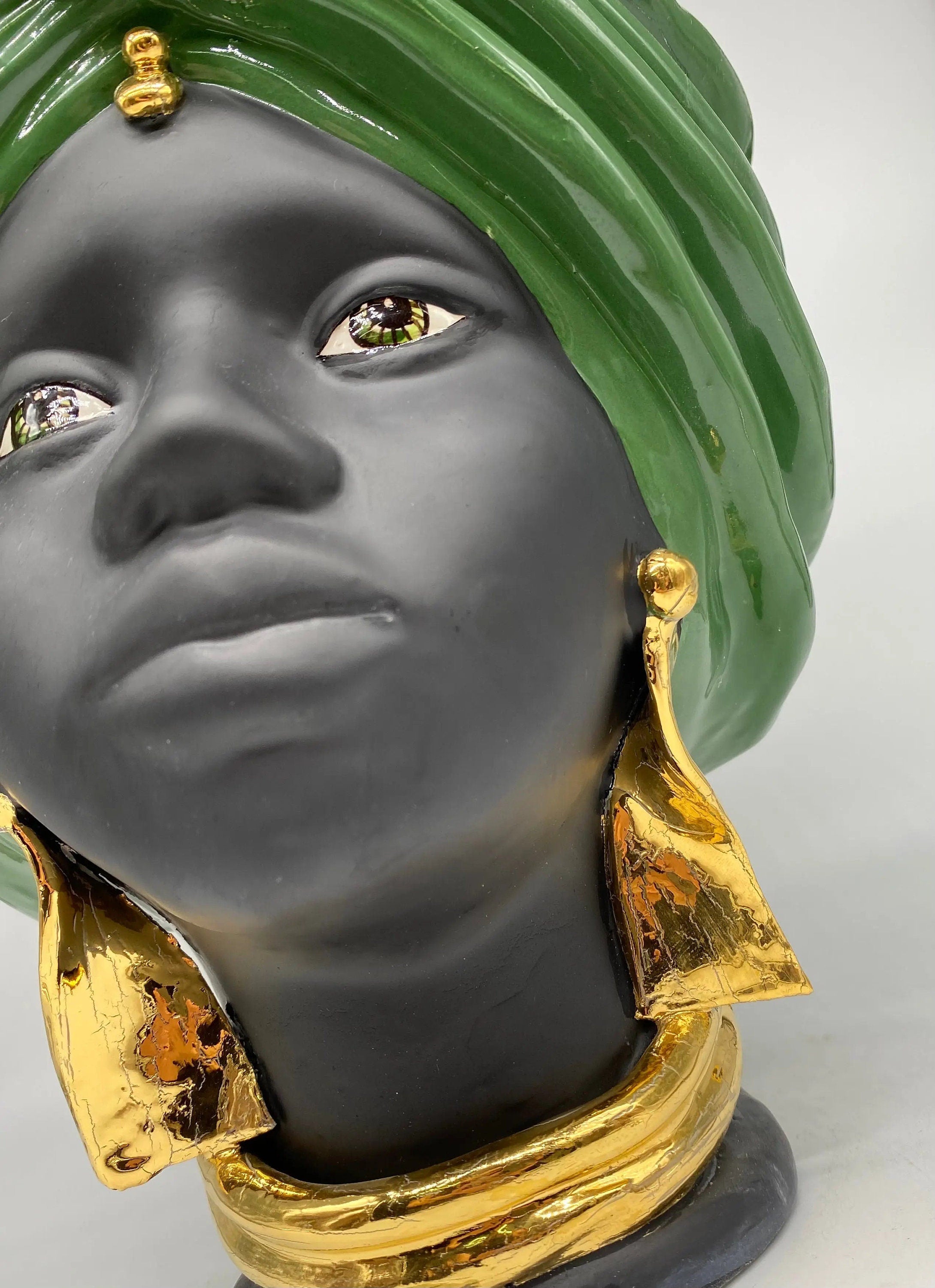 Teste di Moro Atena Ceramica Caltagirone cm H.30 L.23 Artigianale Verde Nero Oro DD CERAMICHE SICILIANE