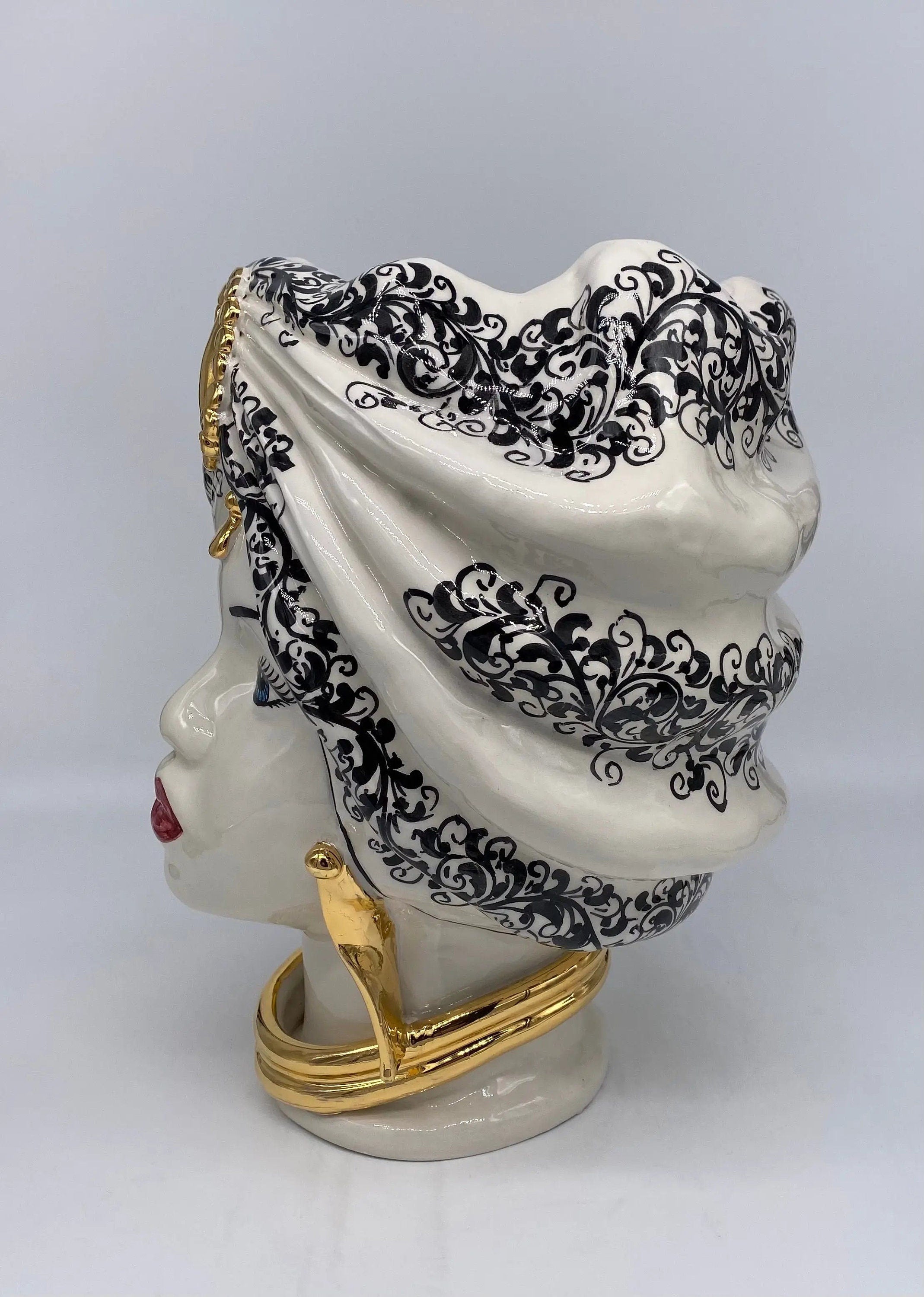 Teste di Moro Atena Ceramica Caltagirone cm H.30 L.23 Artigianale Opaco Bianco Barocco Oro DD CERAMICHE SICILIANE