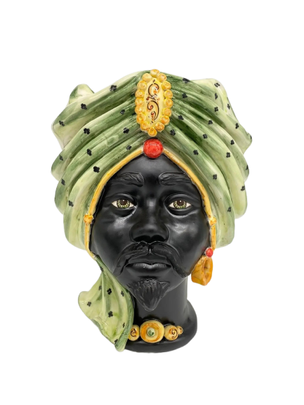 Teste di Moro Atena Ceramica Caltagirone cm H.30 L.23 Artigianale Verde Pois Nero Giallo - DD CERAMICHE SICILIANE