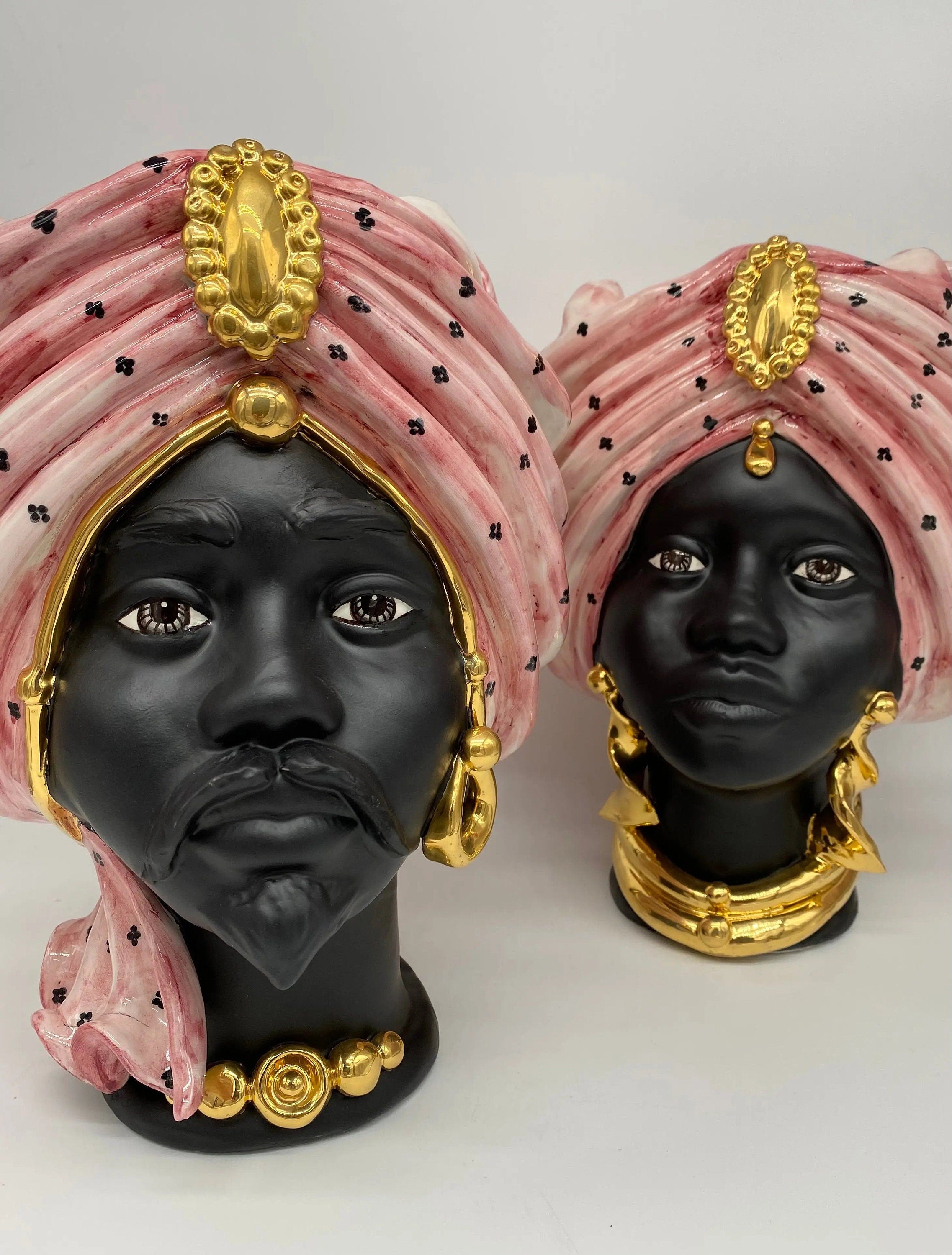 Teste di Moro Atena Ceramica Caltagirone cm H.30 L.23 Artigianale Rosa Pois Nero Oro DD CERAMICHE SICILIANE