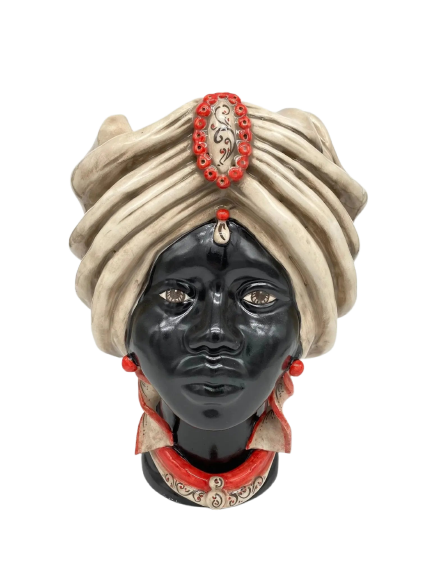 Teste di Moro Atena Ceramica Caltagirone cm H.30 L.23 Artigianale Écru Nero Rosso - DD CERAMICHE SICILIANE
