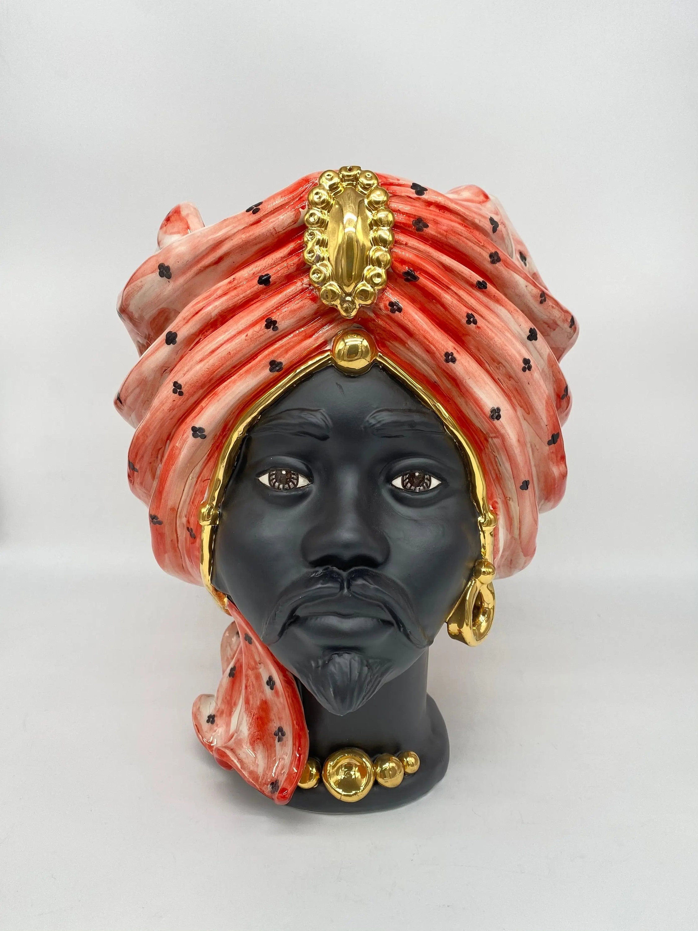 Teste di Moro Atena Ceramica Caltagirone cm H.30 L.23 Artigianale Rosso Pois Nero Oro DD CERAMICHE SICILIANE