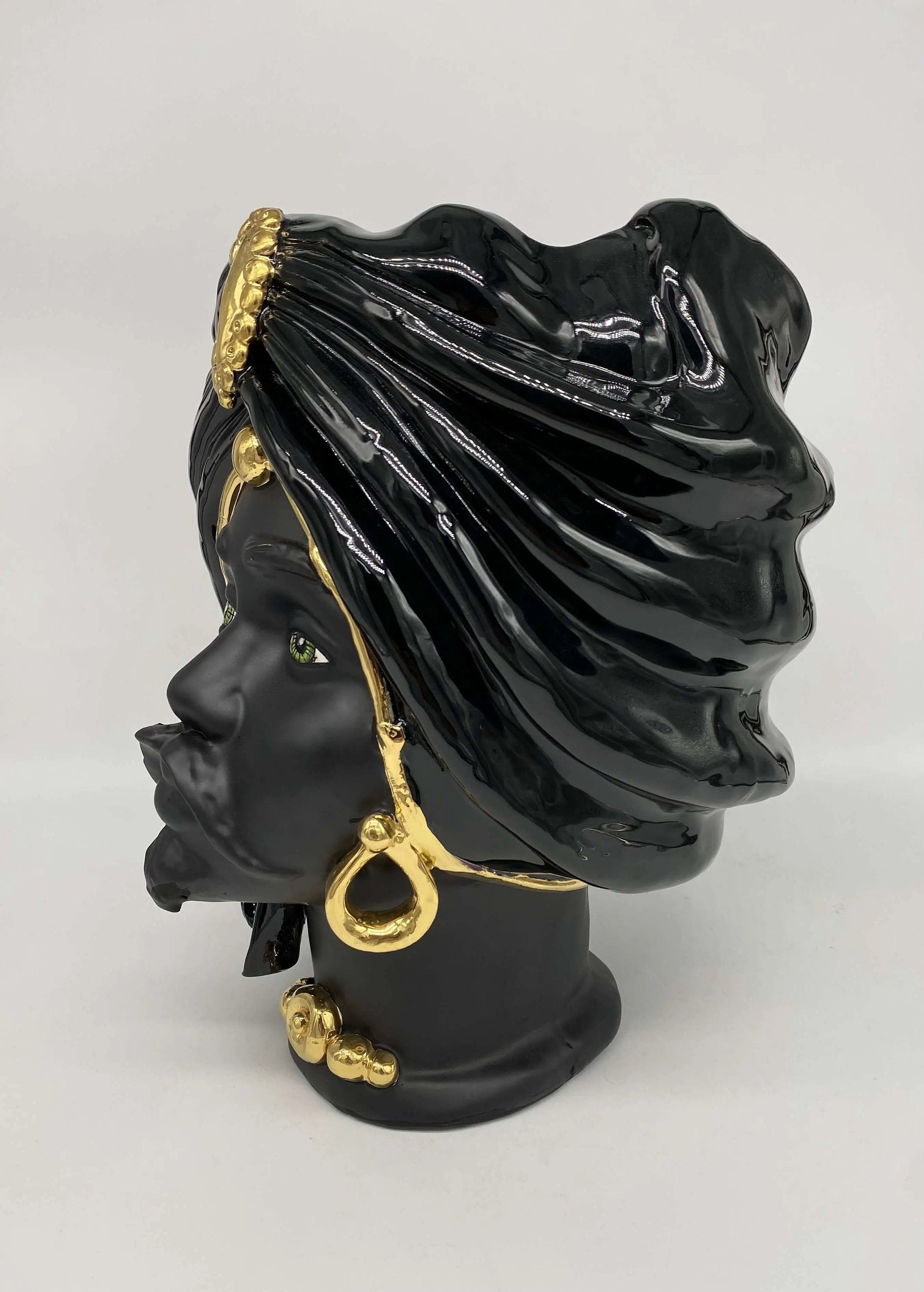 Teste di Moro Atena Ceramica Caltagirone cm H.30 L.23 Artigianale Nero Oro DD CERAMICHE SICILIANE