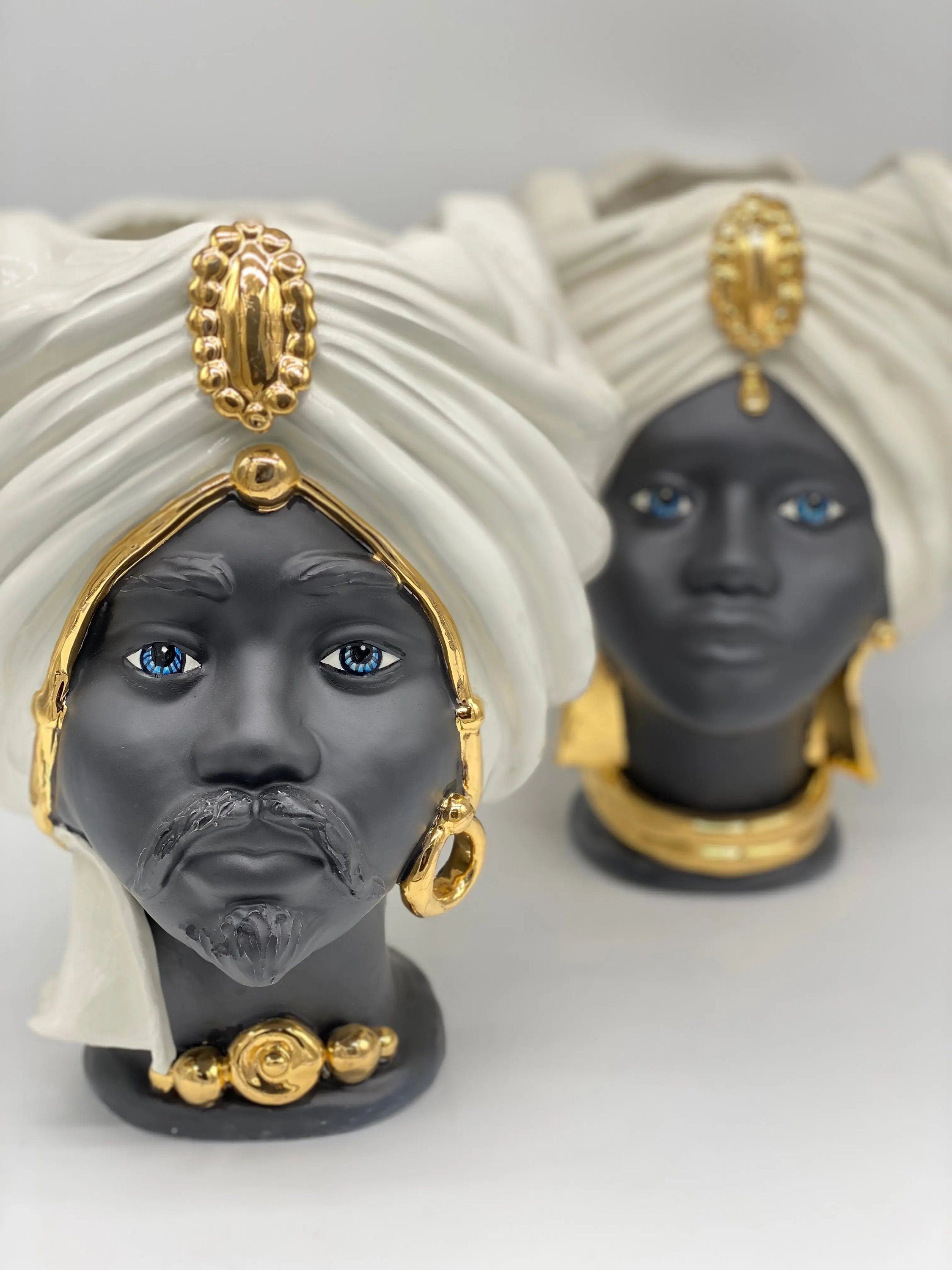 Teste di Moro Atena Ceramica Caltagirone cm H.30 L.23 Artigianale Bianco Nero Oro DD CERAMICHE SICILIANE