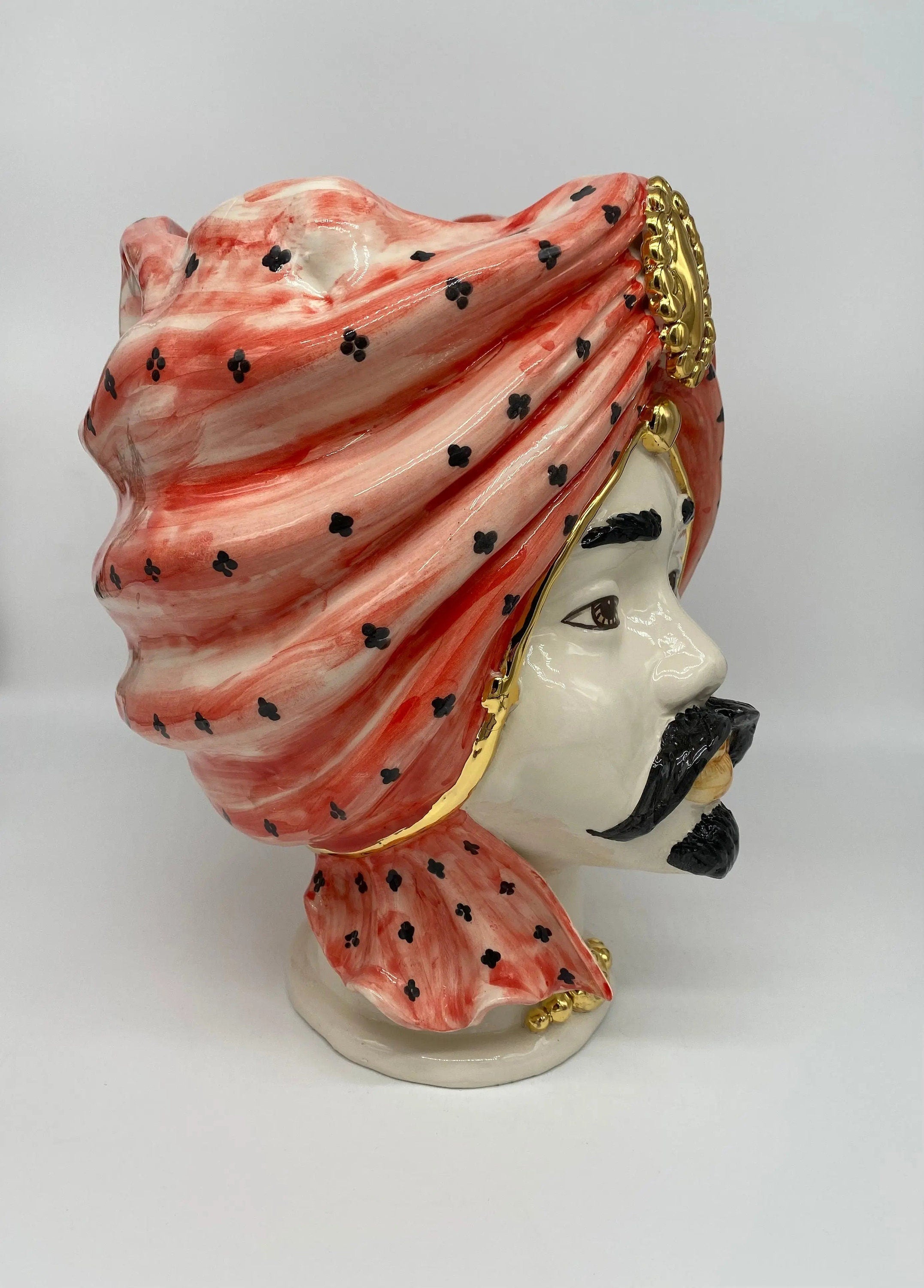 Teste di Moro Atena Ceramica Caltagirone cm H.30 L.23 Artigianale Rosso Pois Oro DD CERAMICHE SICILIANE