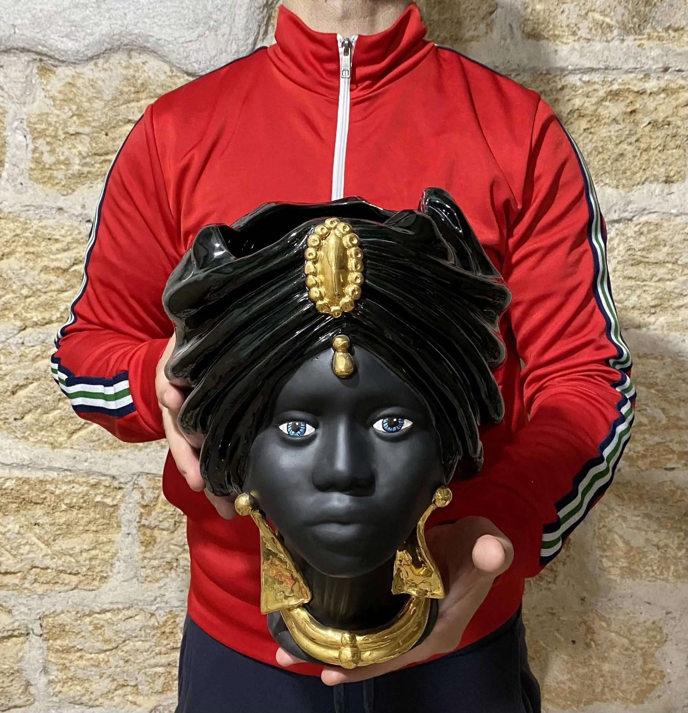 Teste di Moro Atena Ceramica Caltagirone cm H.30 L.23 Artigianale Nero Oro DD CERAMICHE SICILIANE