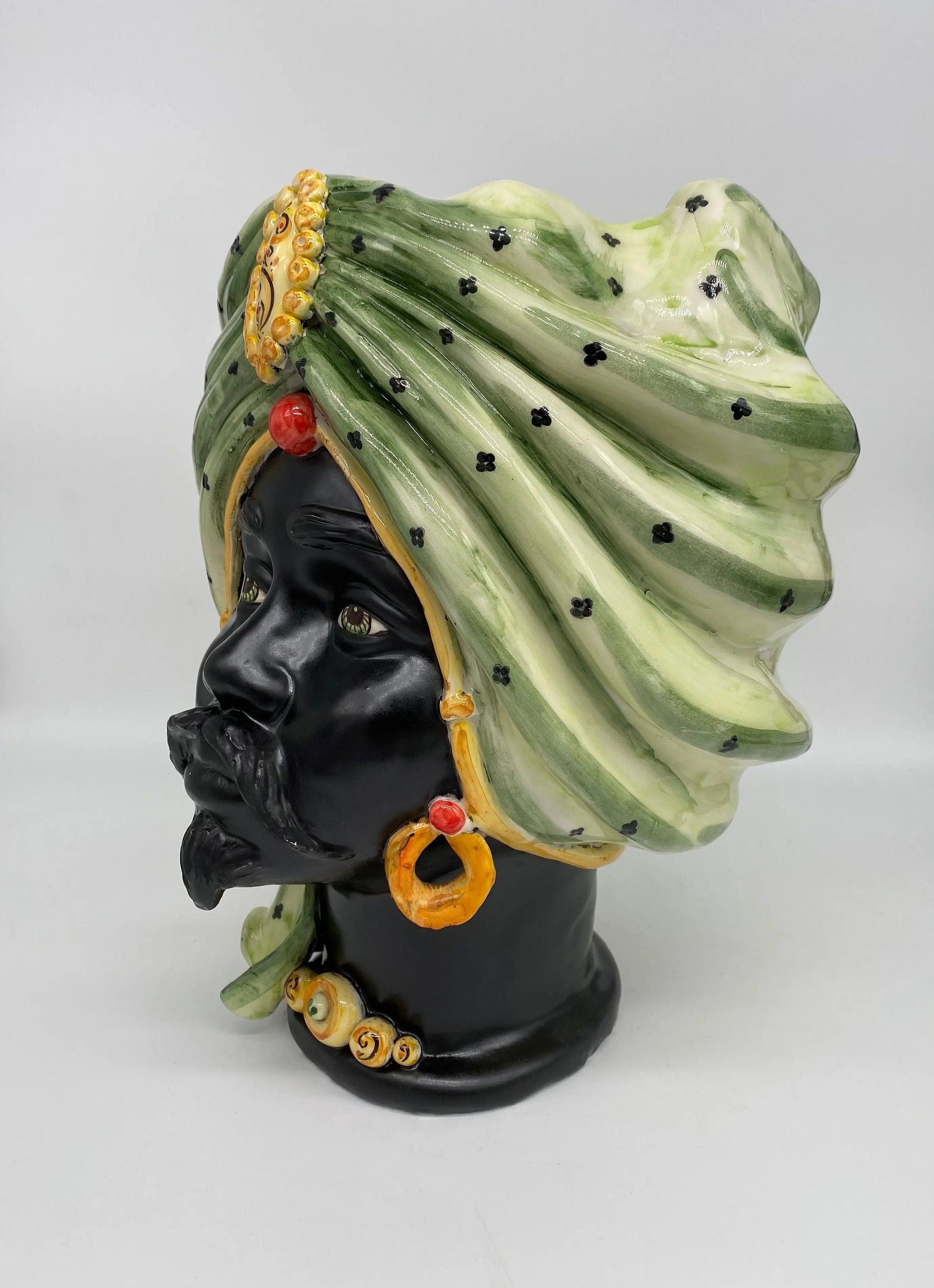 Teste di Moro Atena Ceramica Caltagirone cm H.30 L.23 Artigianale Verde Pois Nero Giallo DD CERAMICHE SICILIANE