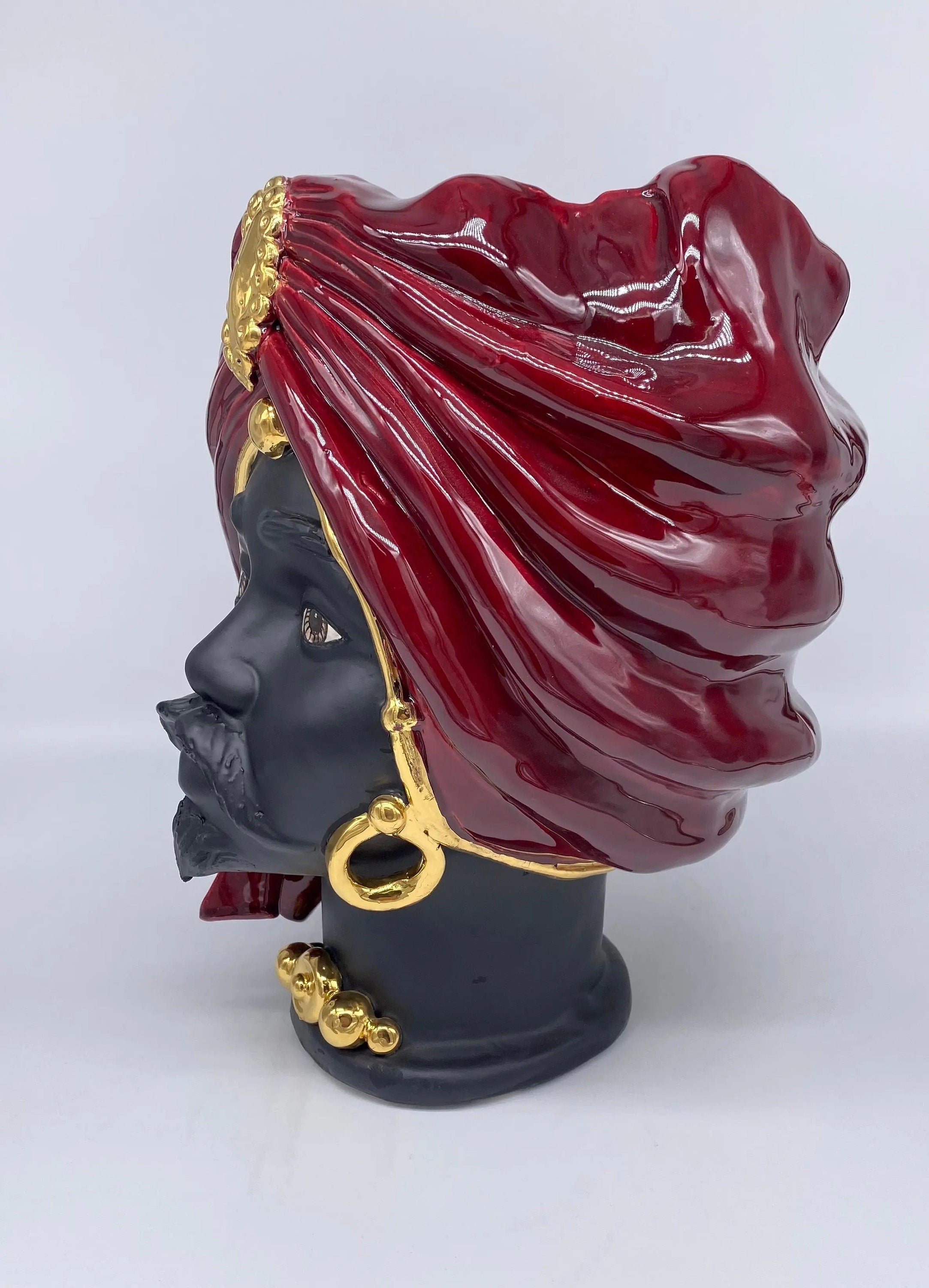 Teste di Moro Atena Ceramica Caltagirone cm H.30 L.23 Artigianale Bordeaux Nero Oro DD CERAMICHE SICILIANE