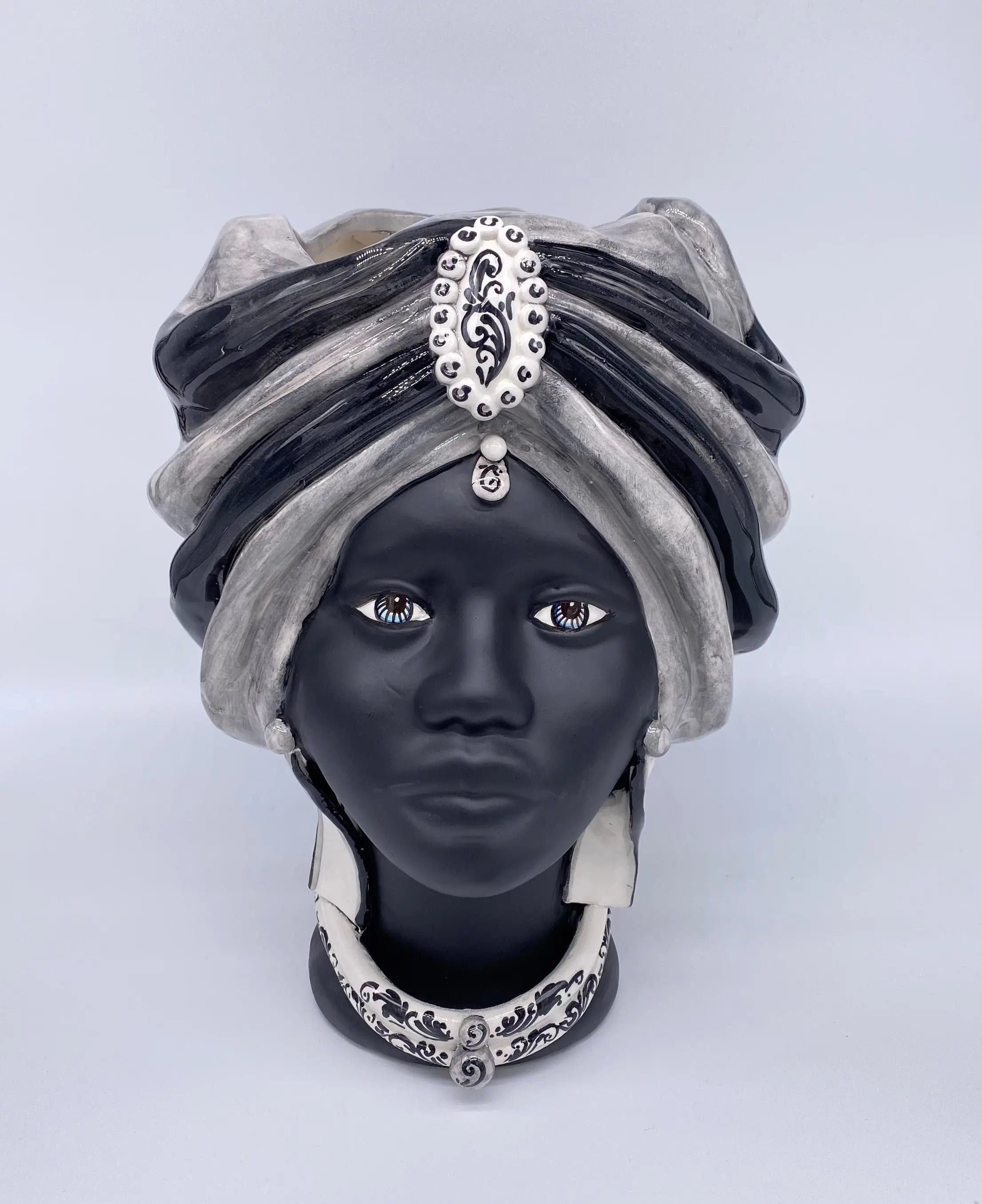 Teste di Moro Atena Ceramica Caltagirone cm H.30 L.23 Artigianale Grigio Nero DD CERAMICHE SICILIANE