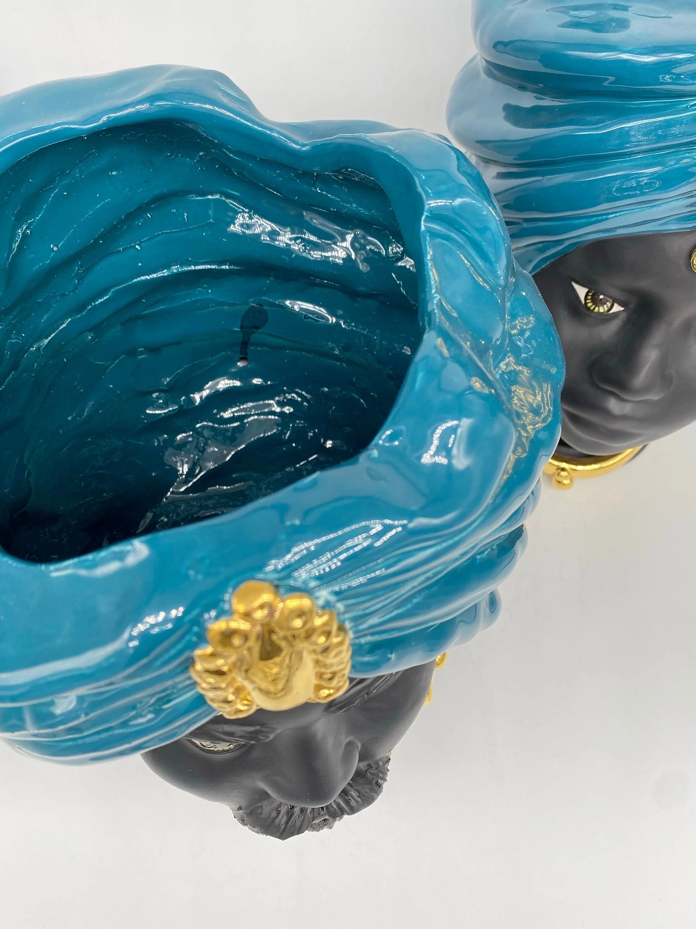 Teste di Moro Atena Ceramica Caltagirone cm H.30 L.23 Artigianale Verde Ottanio Nero Oro DD CERAMICHE SICILIANE