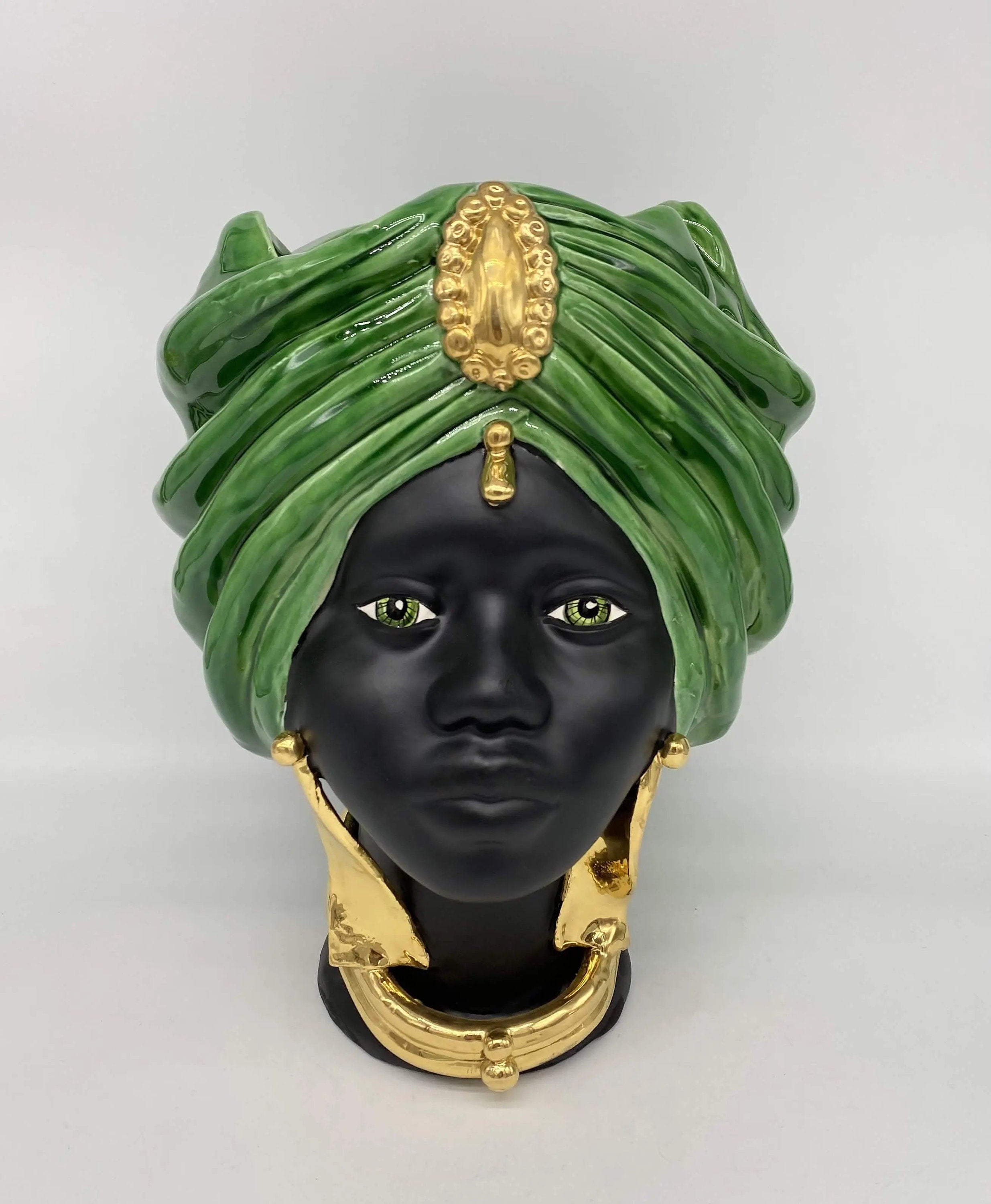 Teste di Moro Atena Ceramica Caltagirone cm H.30 L.23 Artigianale Verde Cristallo Nero Oro DD CERAMICHE SICILIANE