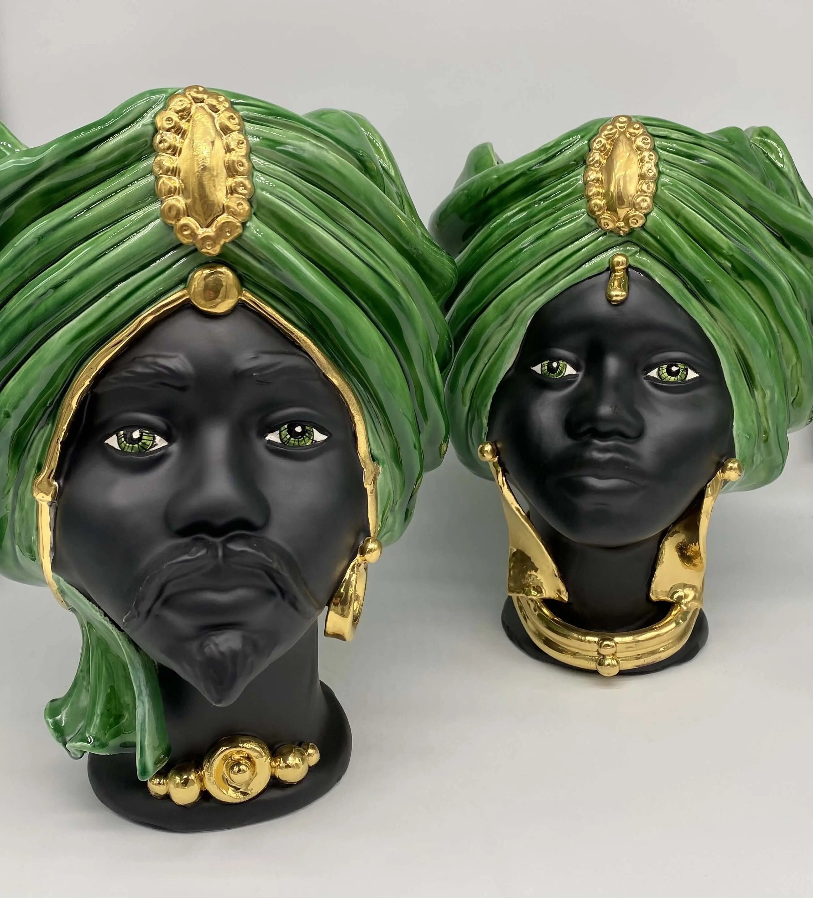 Teste di Moro Atena Ceramica Caltagirone cm H.30 L.23 Artigianale Verde Cristallo Nero Oro DD CERAMICHE SICILIANE
