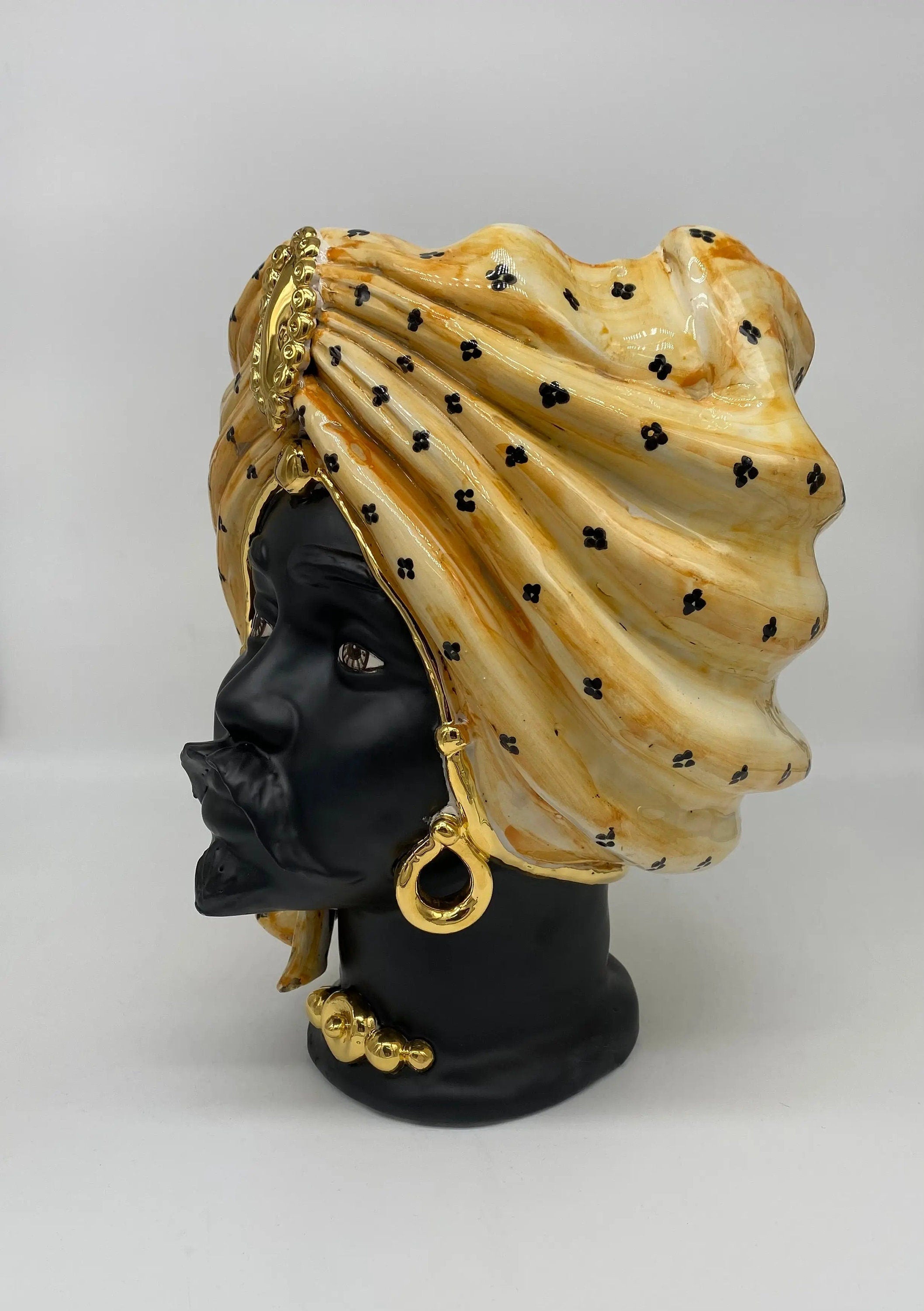 Teste di Moro Atena Ceramica Caltagirone cm H.30 L.23 Artigianale Arancio Pois Nero Oro DD CERAMICHE SICILIANE