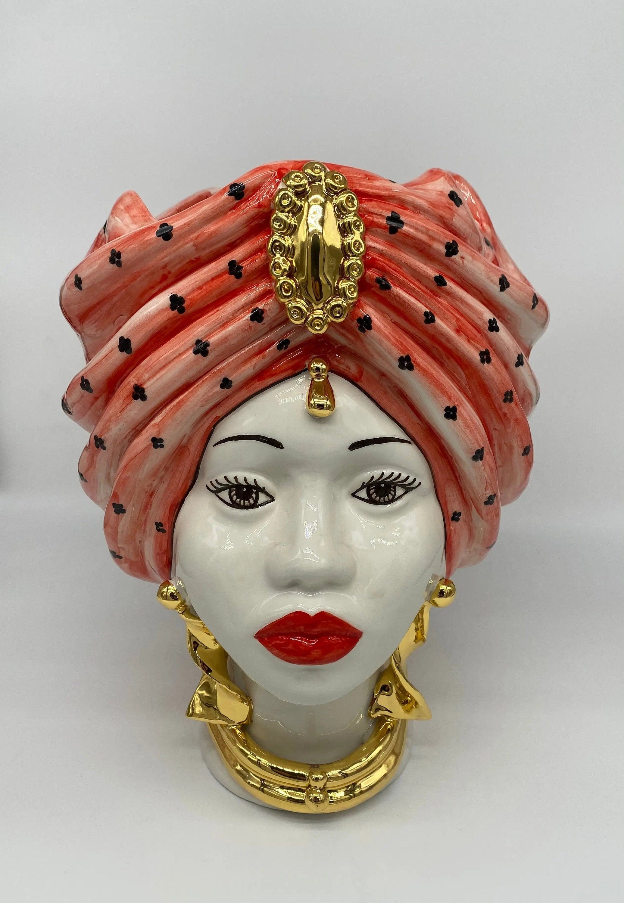 Teste di Moro Atena Ceramica Caltagirone cm H.30 L.23 Artigianale Rosso Pois Oro DD CERAMICHE SICILIANE