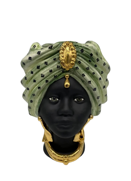 Teste di Moro Atena Ceramica Caltagirone cm H.30 L.23 Artigianale Verde Pois Nero Oro - DD CERAMICHE SICILIANE