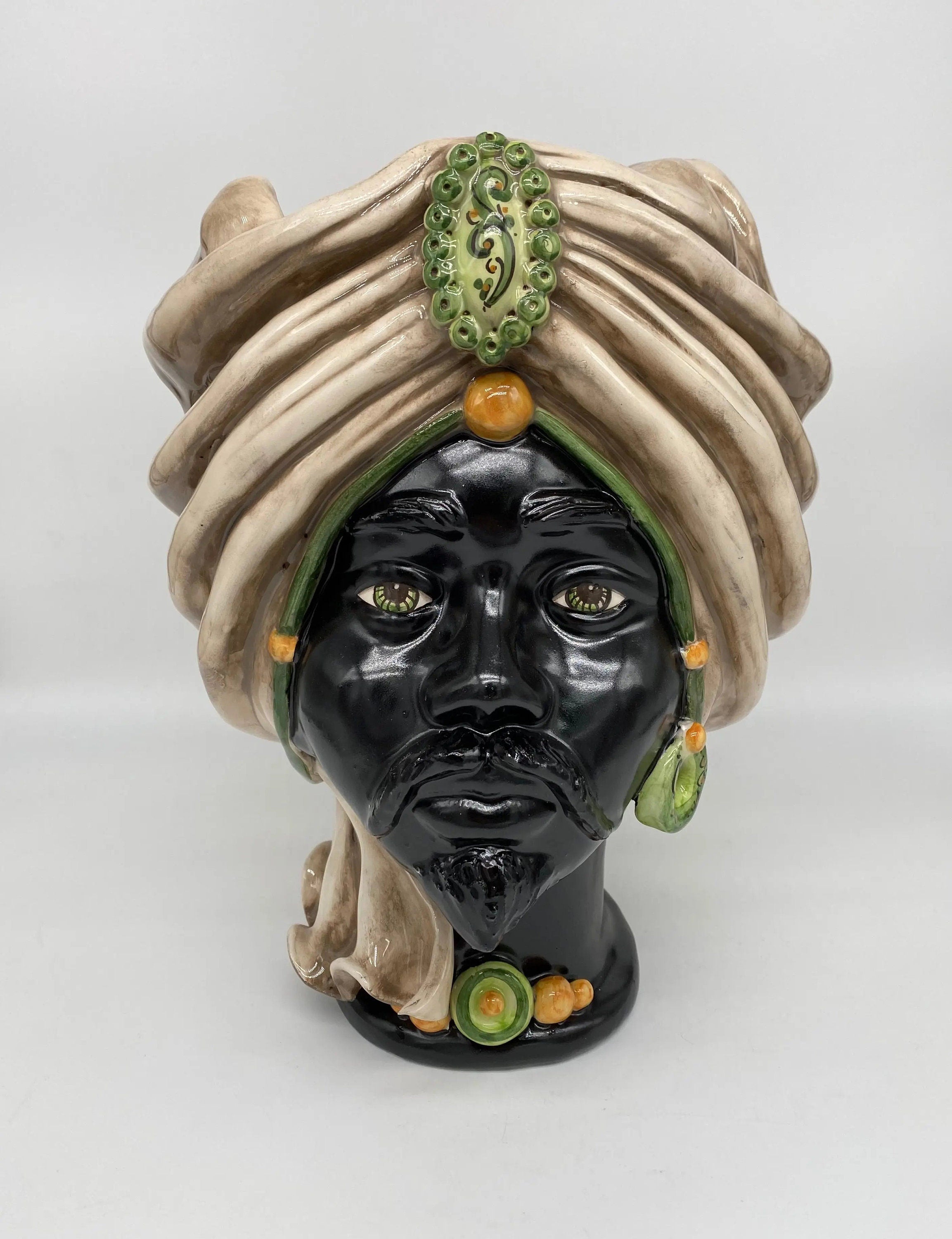 Teste di Moro Atena Ceramica Caltagirone cm H.30 L.23 Artigianale Écru Nero Verde DD CERAMICHE SICILIANE