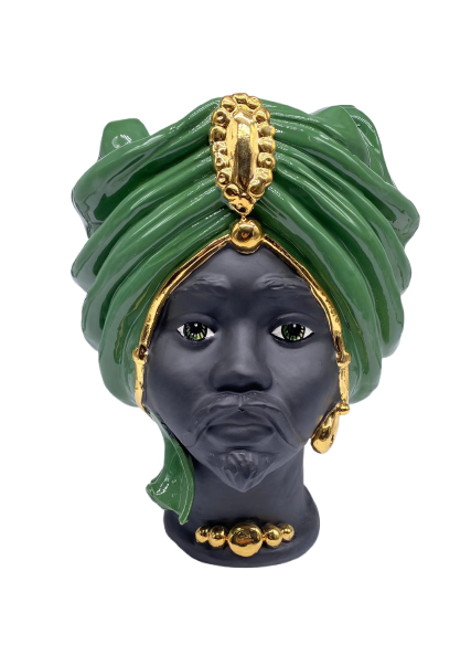 Teste di Moro Atena Ceramica Caltagirone cm H.30 L.23 Artigianale Verde Nero Oro DD CERAMICHE SICILIANE
