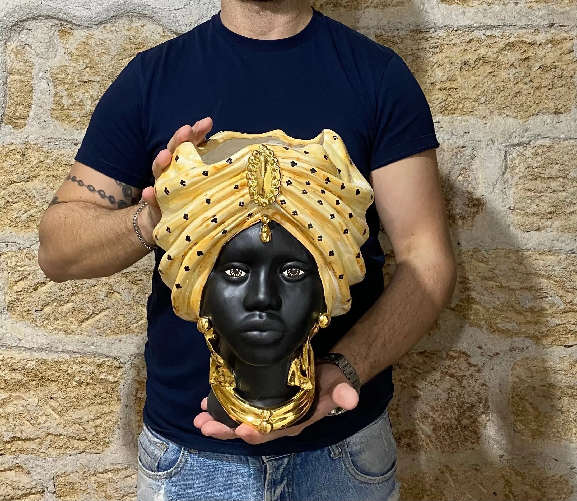 Teste di Moro Atena Ceramica Caltagirone cm H.30 L.23 Artigianale Arancio Pois Nero Oro DD CERAMICHE SICILIANE