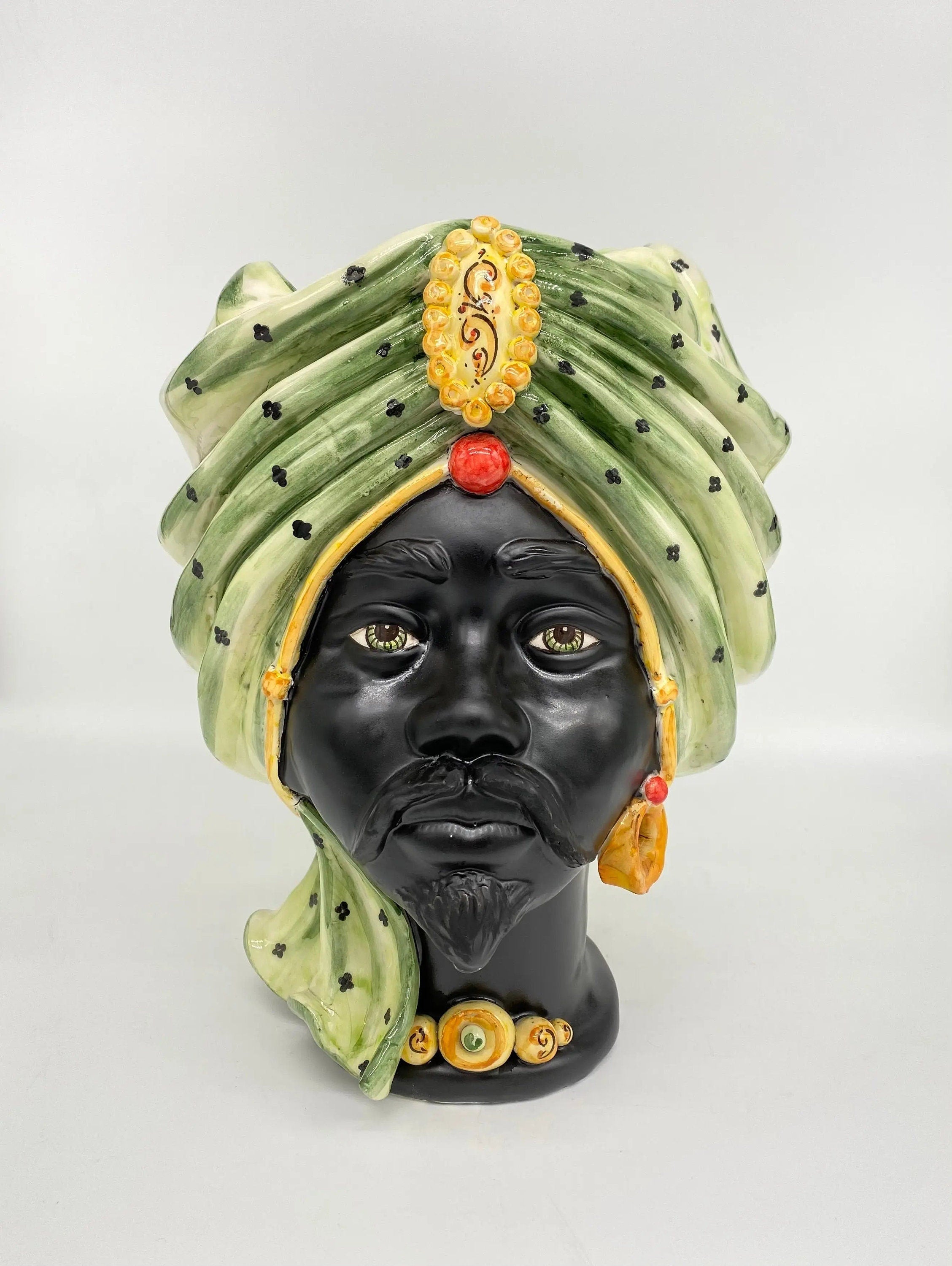 Teste di Moro Atena Ceramica Caltagirone cm H.30 L.23 Artigianale Verde Pois Nero Giallo DD CERAMICHE SICILIANE
