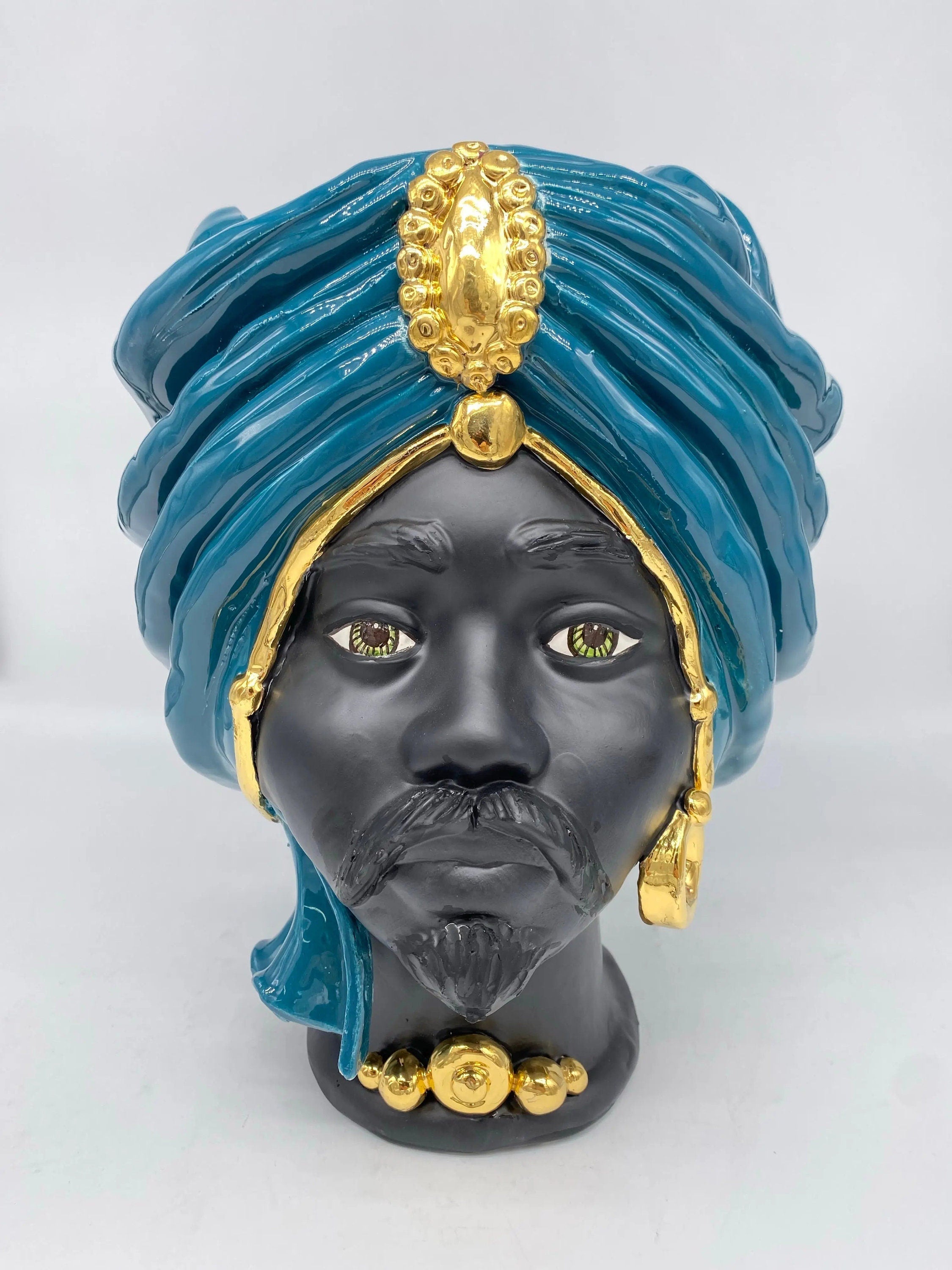 Teste di Moro Atena Ceramica Caltagirone cm H.30 L.23 Artigianale Verde Ottanio Nero Oro DD CERAMICHE SICILIANE