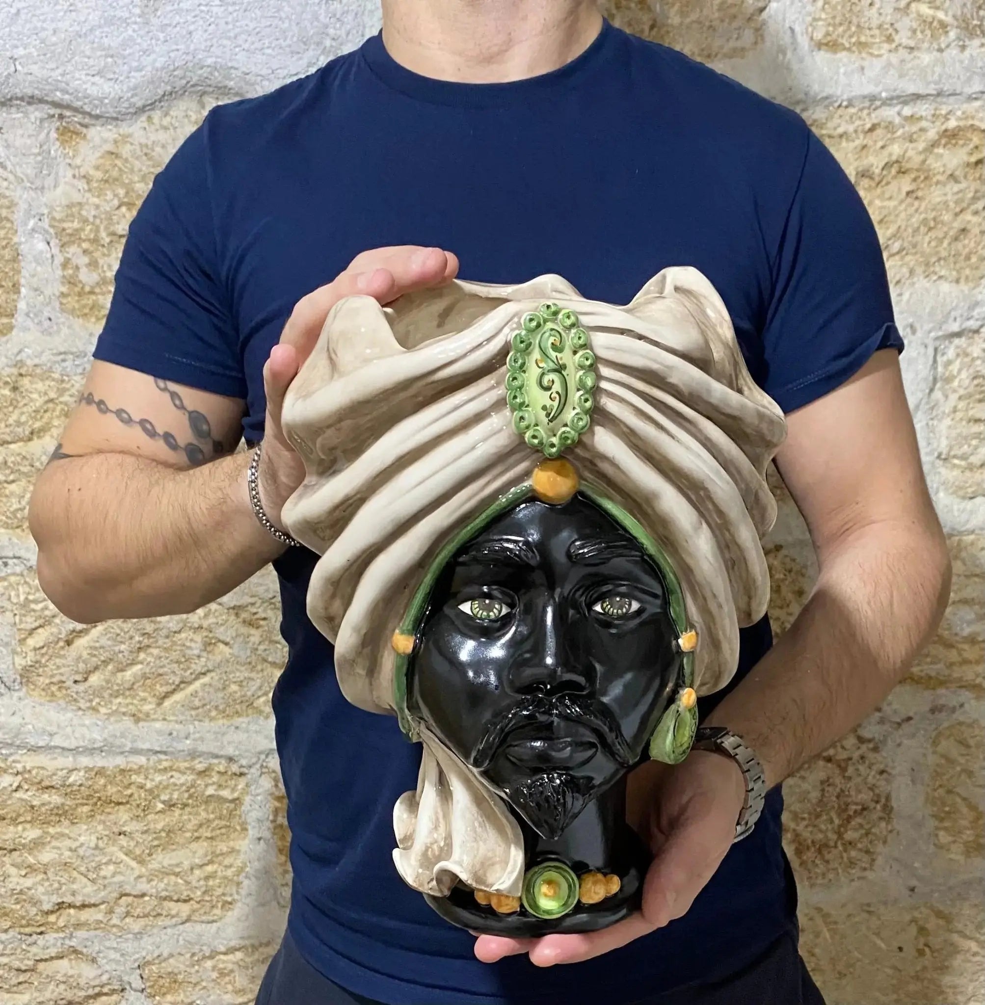 Teste di Moro Atena Ceramica Caltagirone cm H.30 L.23 Artigianale Écru Nero Verde - DD CERAMICHE SICILIANE