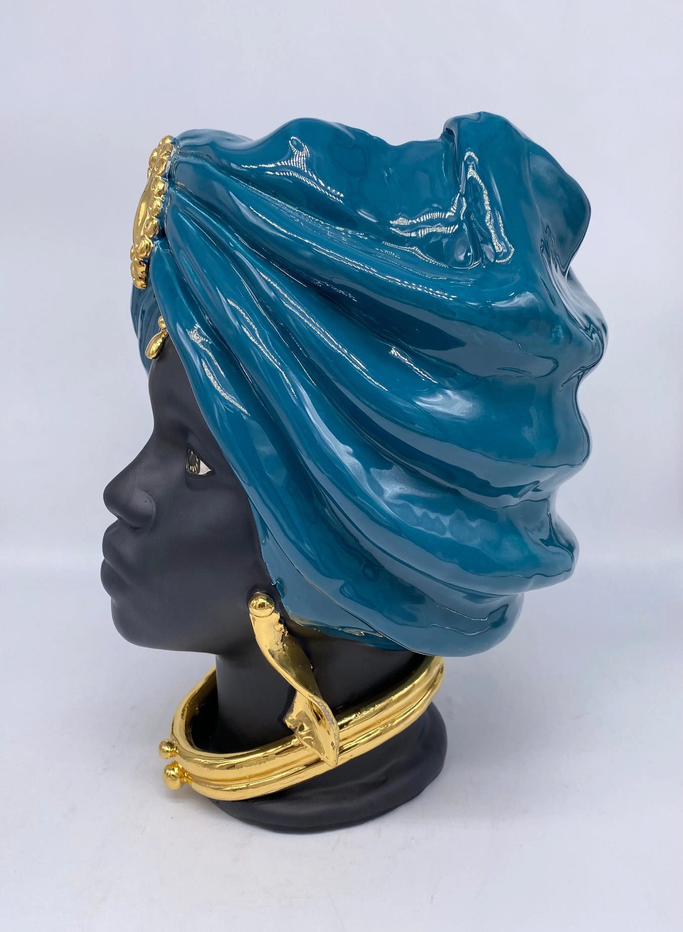 Teste di Moro Atena Ceramica Caltagirone cm H.30 L.23 Artigianale Verde Ottanio Nero Oro DD CERAMICHE SICILIANE