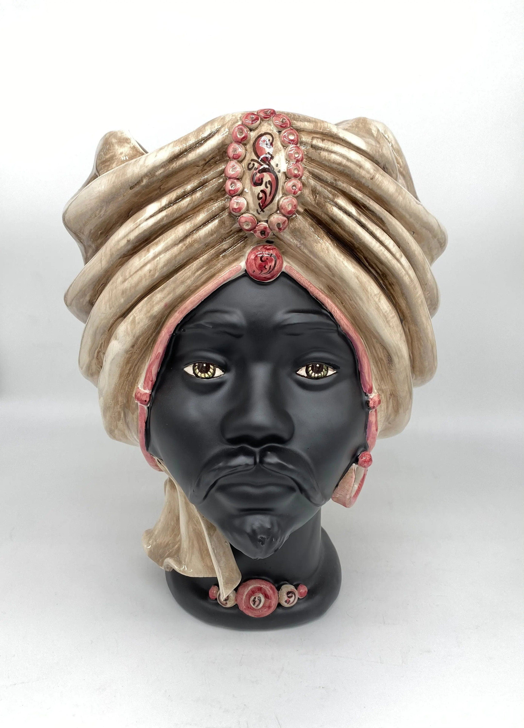 Teste di Moro Atena Ceramica Caltagirone cm H.30 L.23 Artigianale Écru Nero Viola DD CERAMICHE SICILIANE