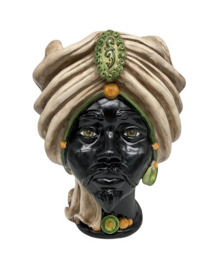 Teste di Moro Atena Ceramica Caltagirone cm H.30 L.23 Artigianale Écru Nero Verde - DD CERAMICHE SICILIANE
