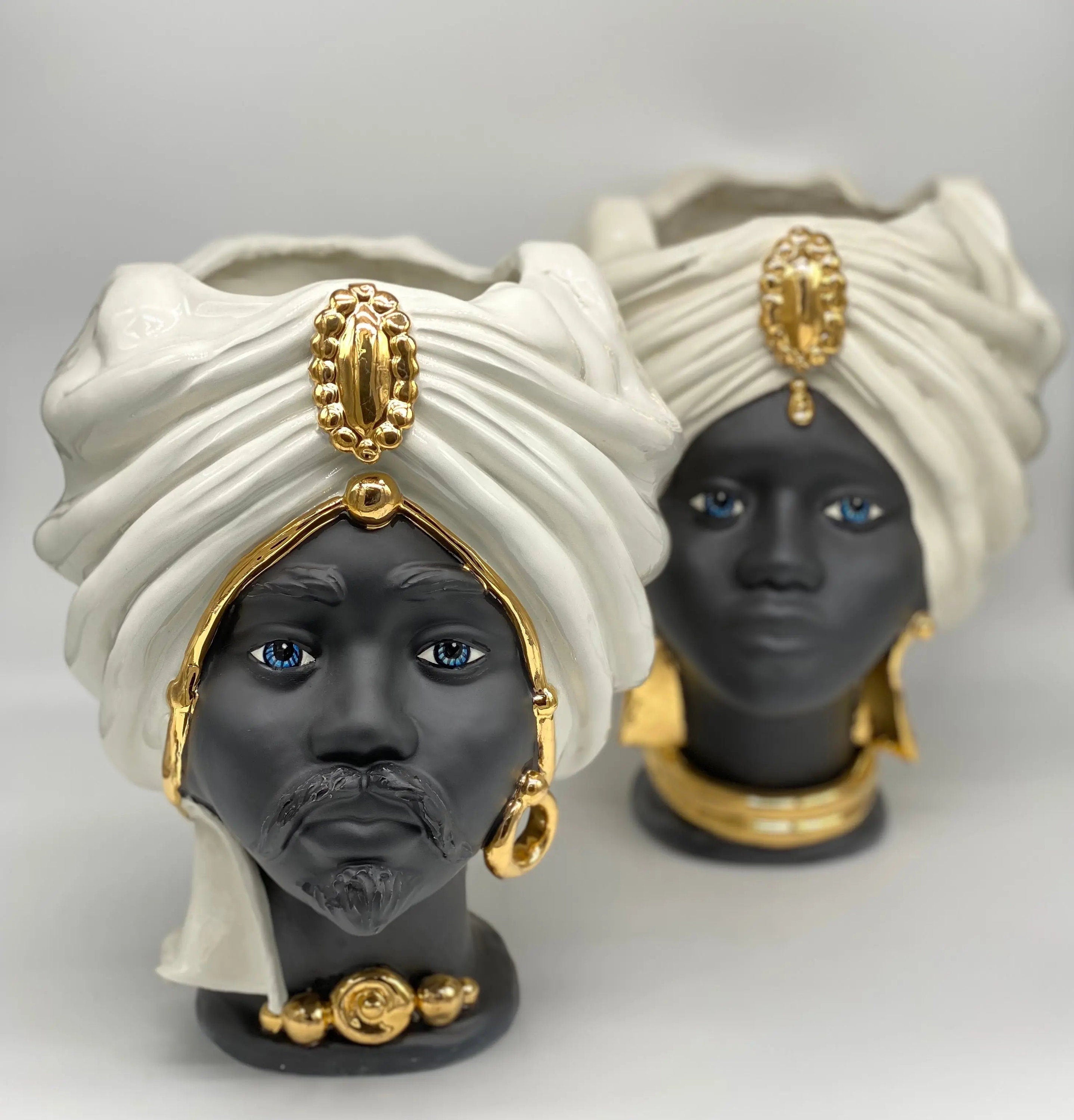 Teste di Moro Atena Ceramica Caltagirone cm H.30 L.23 Artigianale Bianco Nero Oro DD CERAMICHE SICILIANE