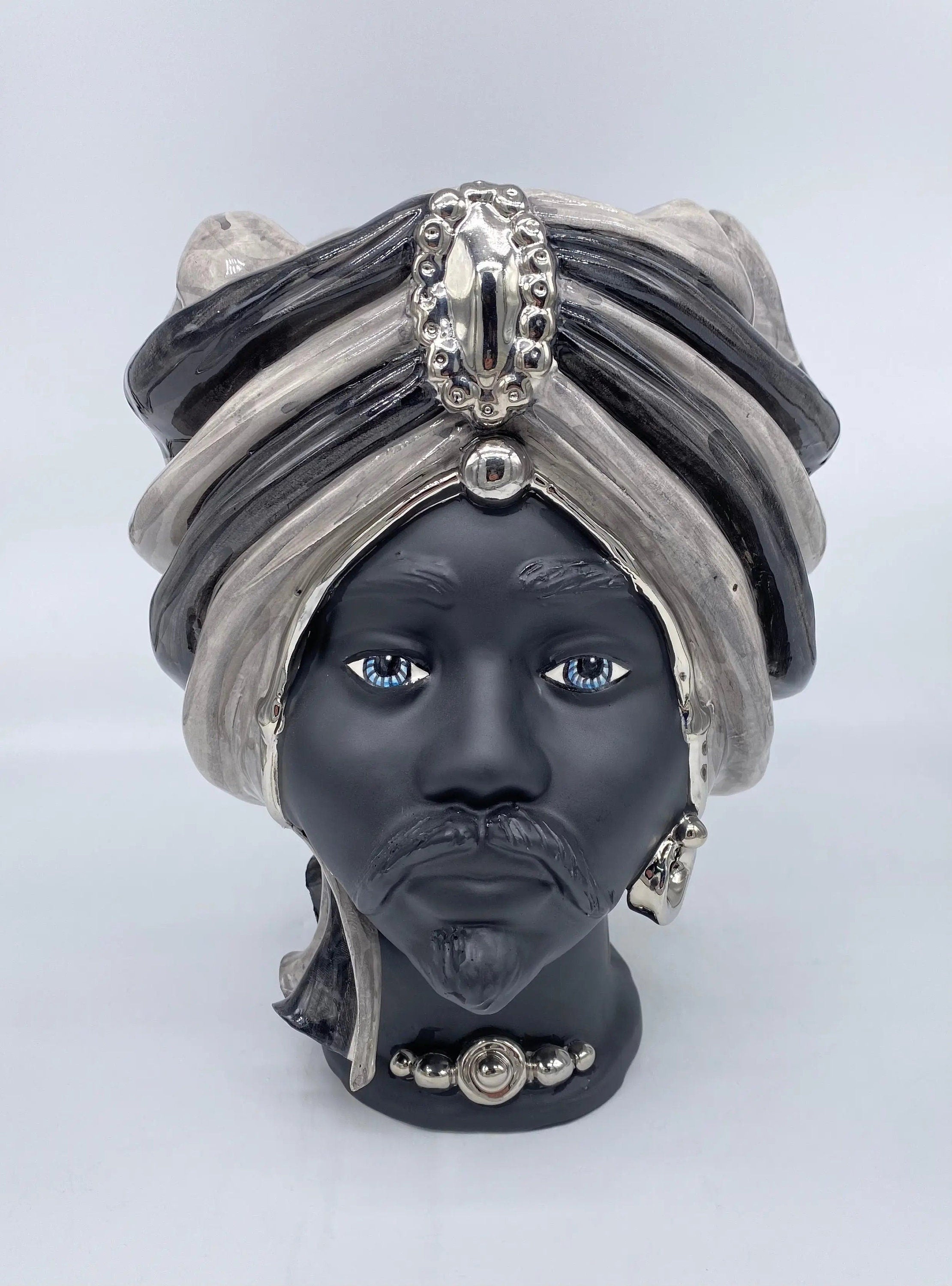 Teste di Moro Atena Ceramica Caltagirone cm H.30 L.23 Artigianale Grigio Nero Platino DD CERAMICHE SICILIANE