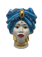 Teste di Moro Atena Ceramica Caltagirone cm H.30 L.23 Artigianale Opaco Celeste Barocco Oro DD CERAMICHE SICILIANE