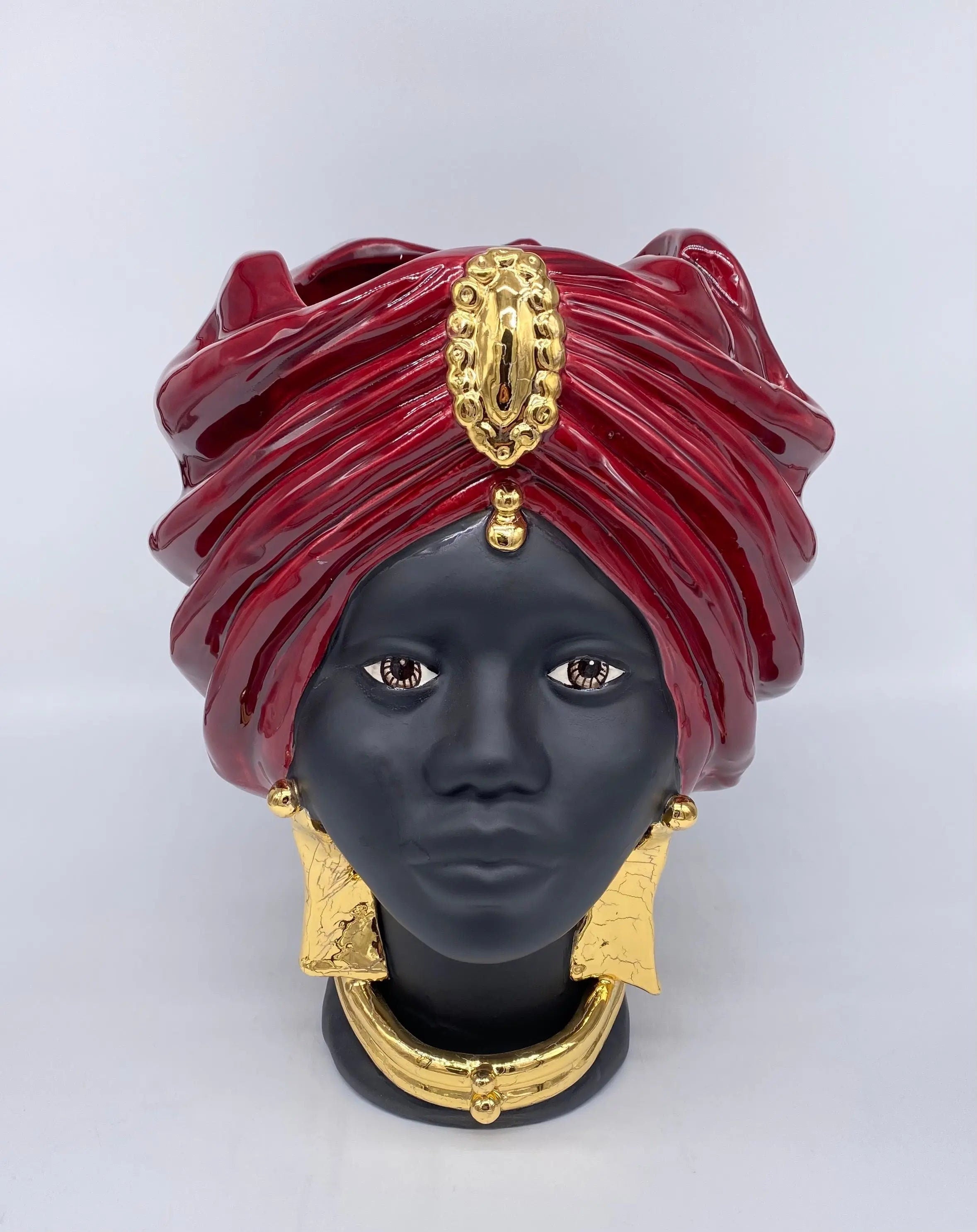 Teste di Moro Atena Ceramica Caltagirone cm H.30 L.23 Artigianale Bordeaux Nero Oro DD CERAMICHE SICILIANE