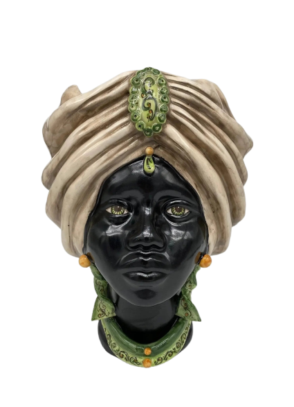 Teste di Moro Atena Ceramica Caltagirone cm H.30 L.23 Artigianale Écru Nero Verde - DD CERAMICHE SICILIANE