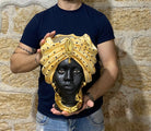 Teste di Moro Atena Ceramica Caltagirone cm H.30 L.23 Artigianale Arancio Pois Nero Oro - DD CERAMICHE SICILIANE