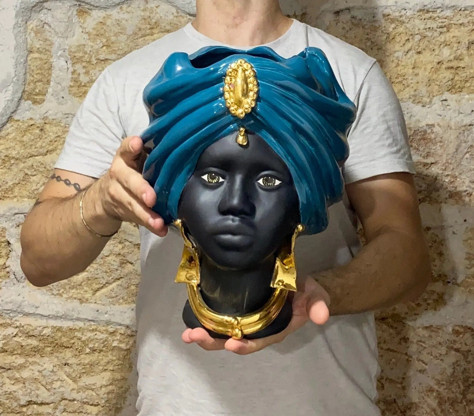 Teste di Moro Atena Ceramica Caltagirone cm H.30 L.23 Artigianale Verde Ottanio Nero Oro DD CERAMICHE SICILIANE