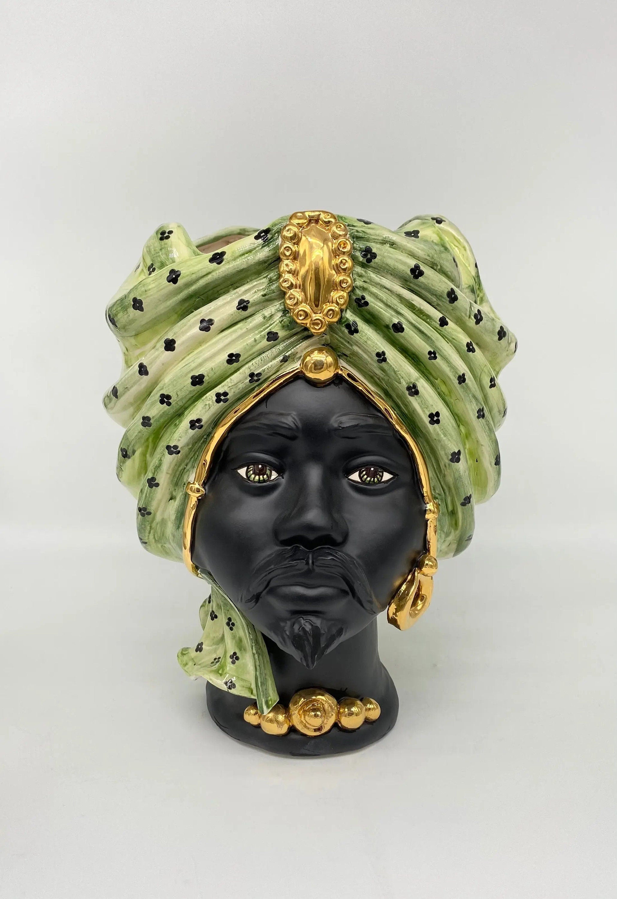 Teste di Moro Atena Ceramica Caltagirone cm H.30 L.23 Artigianale Verde Pois Nero Oro DD CERAMICHE SICILIANE
