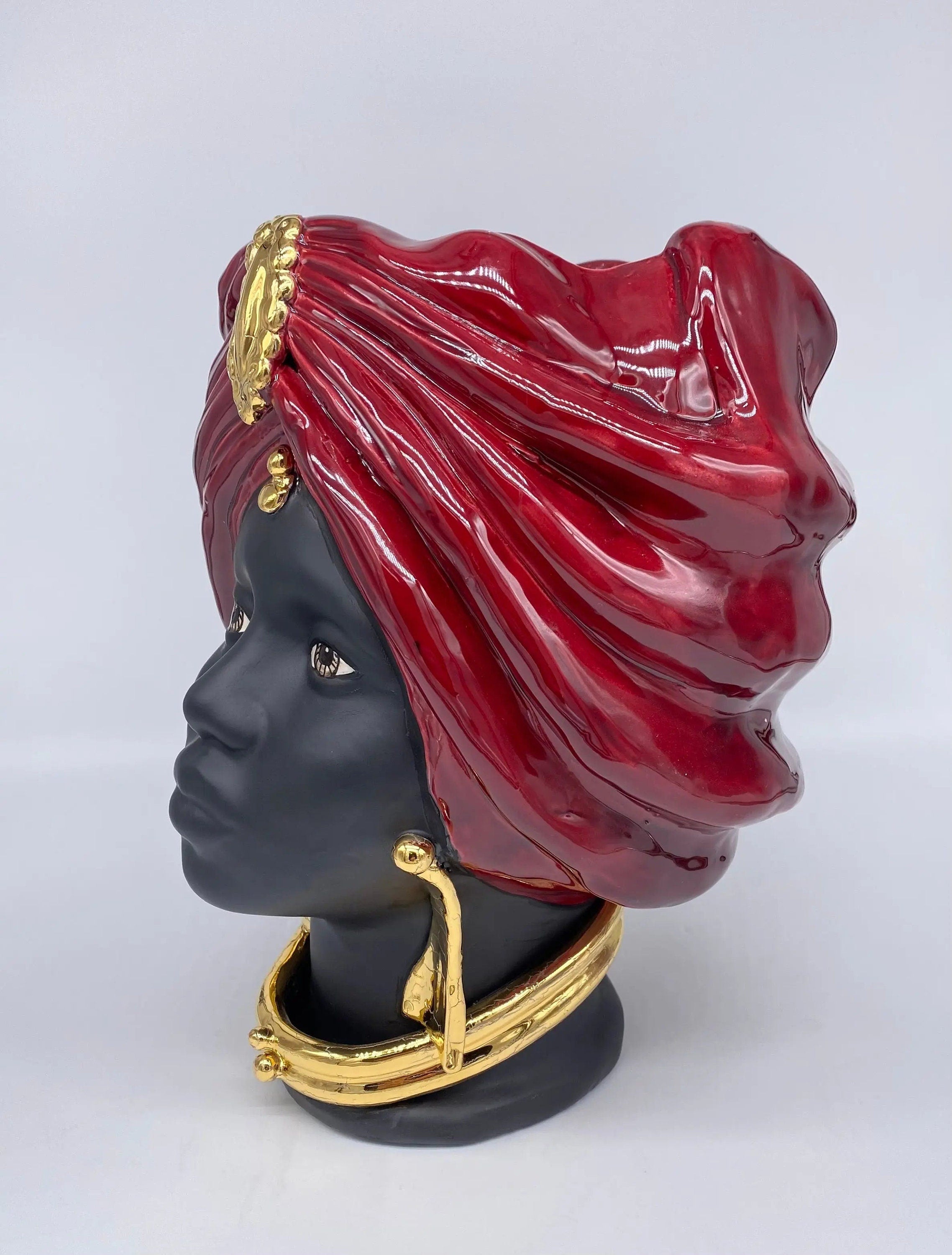 Teste di Moro Atena Ceramica Caltagirone cm H.30 L.23 Artigianale Bordeaux Nero Oro DD CERAMICHE SICILIANE