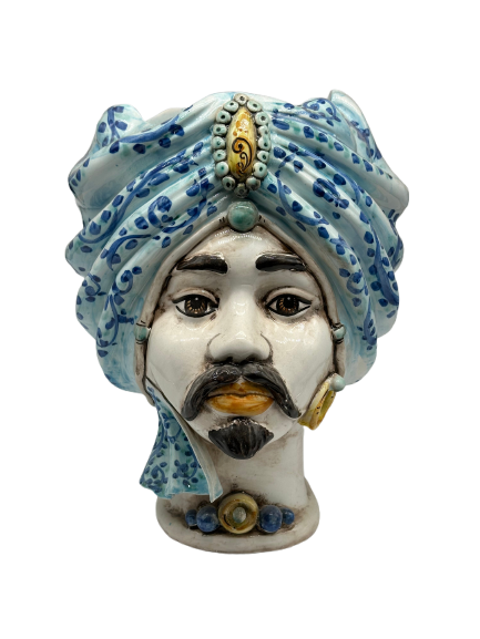 Teste di Moro Atena Ceramica Caltagirone cm H.30 L.23 Artigianale Celeste Barocco - Uomo - TESTA DI MORO