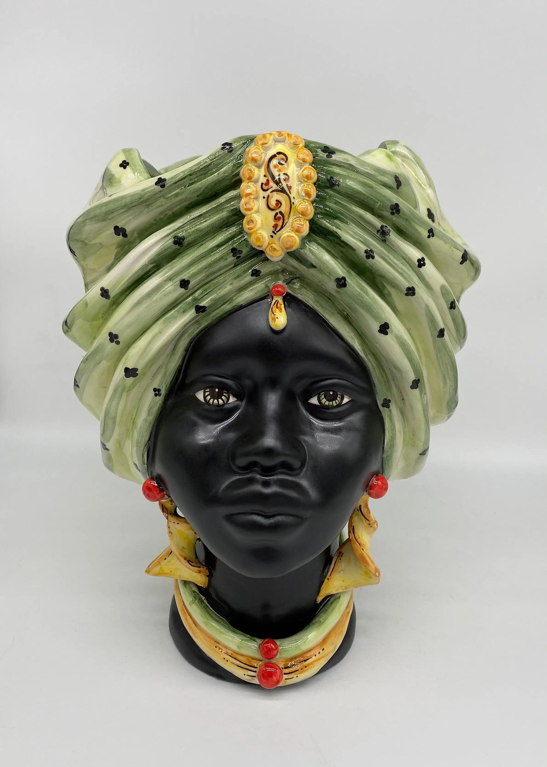 Teste di Moro Atena Ceramica Caltagirone cm H.30 L.23 Artigianale Verde Pois Nero Giallo DD CERAMICHE SICILIANE