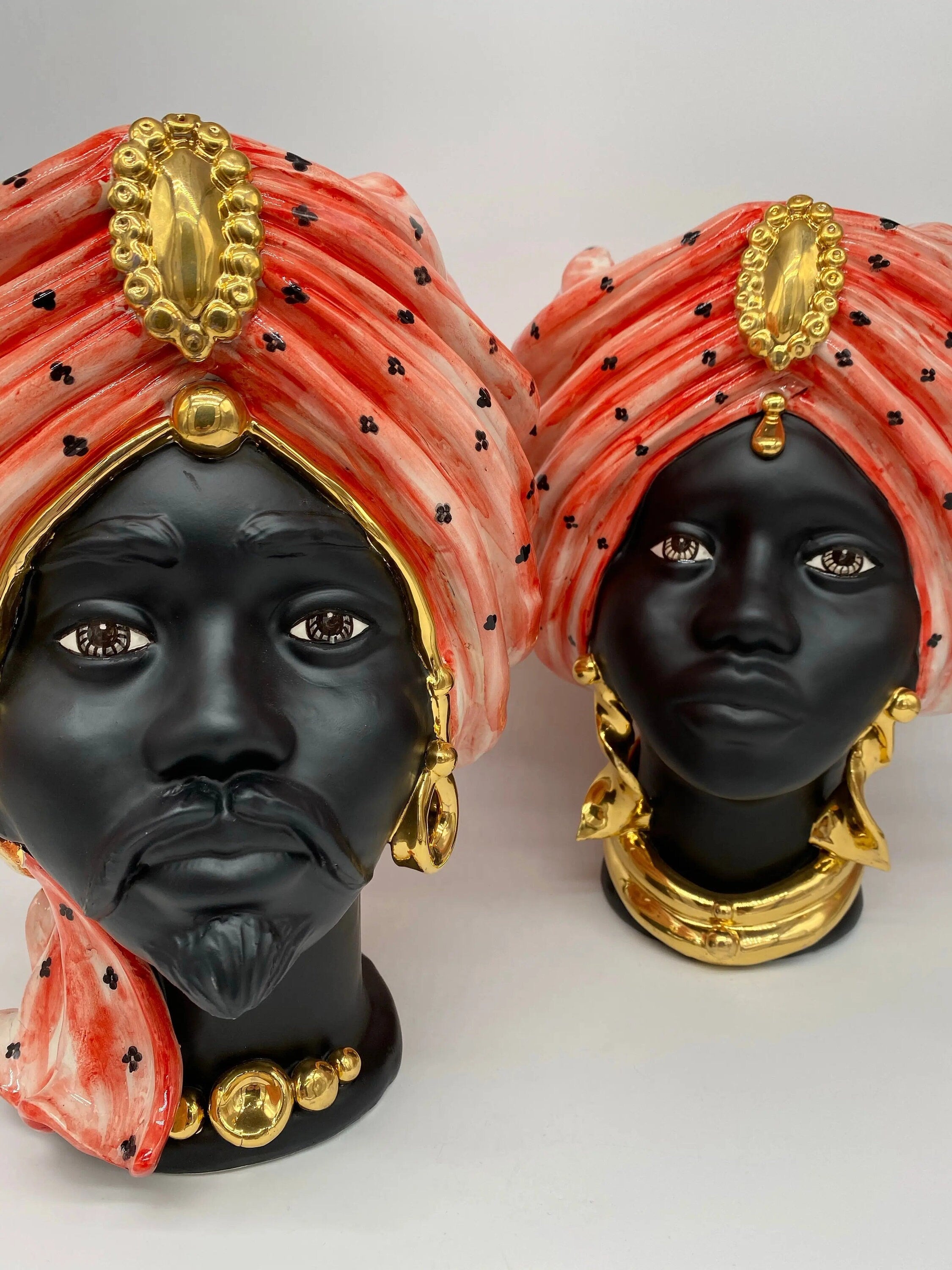 Teste di Moro Atena Ceramica Caltagirone cm H.30 L.23 Artigianale Rosso Pois Nero Oro DD CERAMICHE SICILIANE