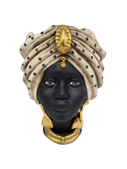 Teste di Moro Atena Ceramica Caltagirone cm H.30 L.23 Artigianale Écru Pois Nero Oro - DD CERAMICHE SICILIANE