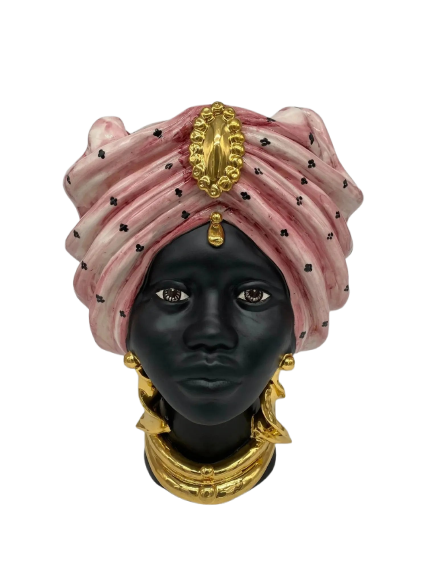Teste di Moro Atena Ceramica Caltagirone cm H.30 L.23 Artigianale Rosa Pois Nero Oro - DD CERAMICHE SICILIANE