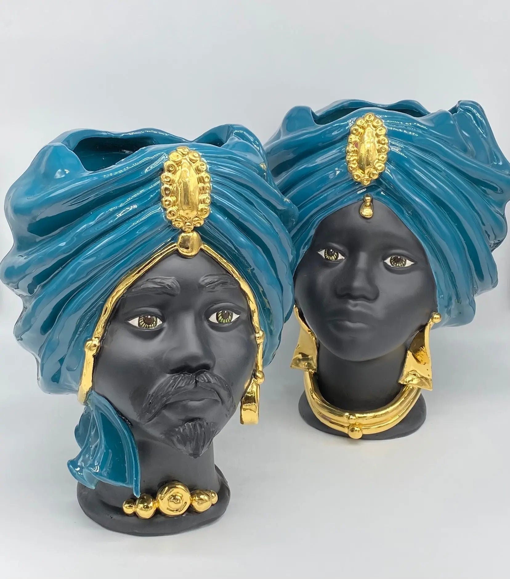 Teste di Moro Atena Ceramica Caltagirone cm H.30 L.23 Artigianale Verde Ottanio Nero Oro DD CERAMICHE SICILIANE