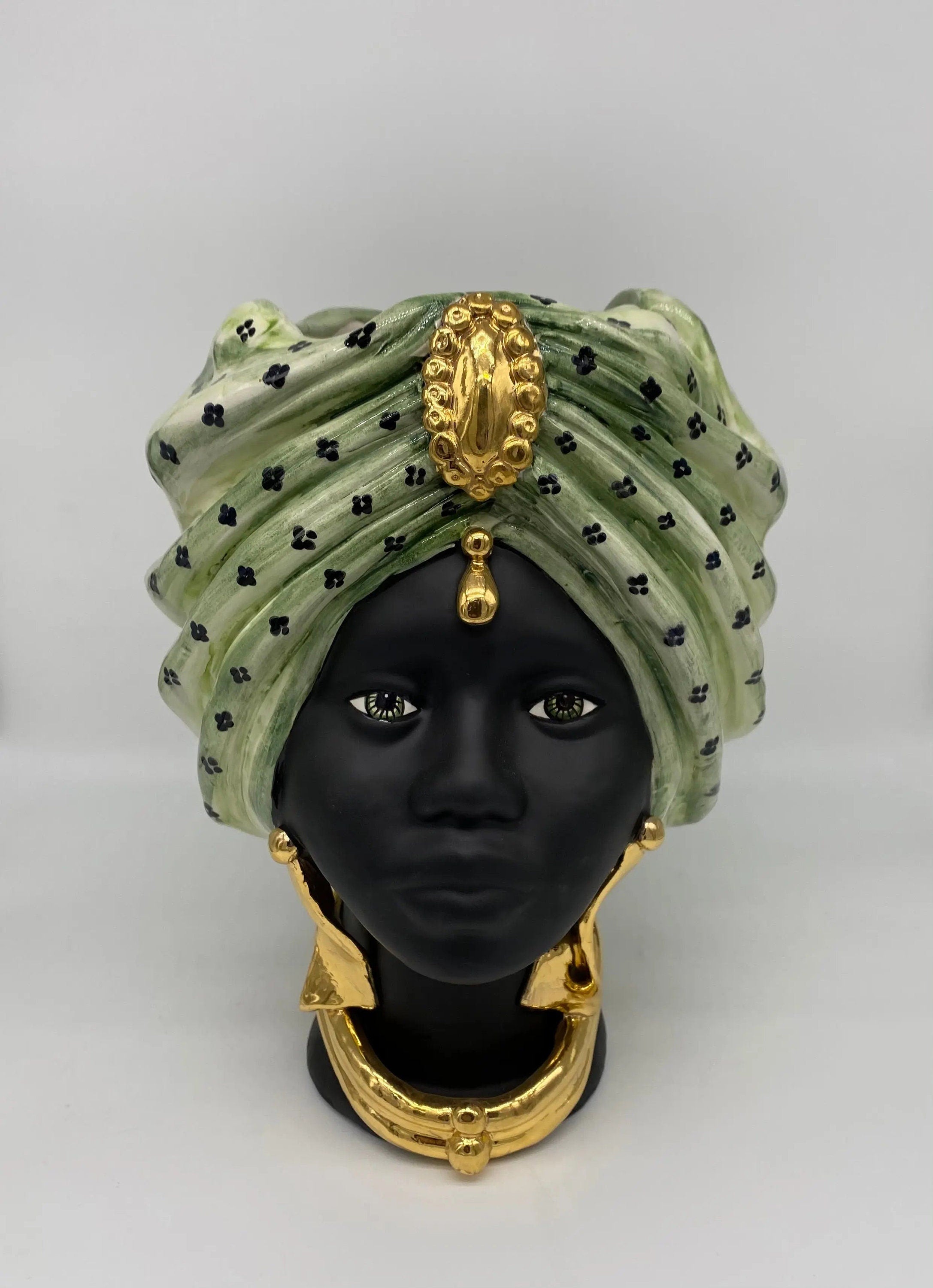 Teste di Moro Atena Ceramica Caltagirone cm H.30 L.23 Artigianale Verde Pois Nero Oro DD CERAMICHE SICILIANE